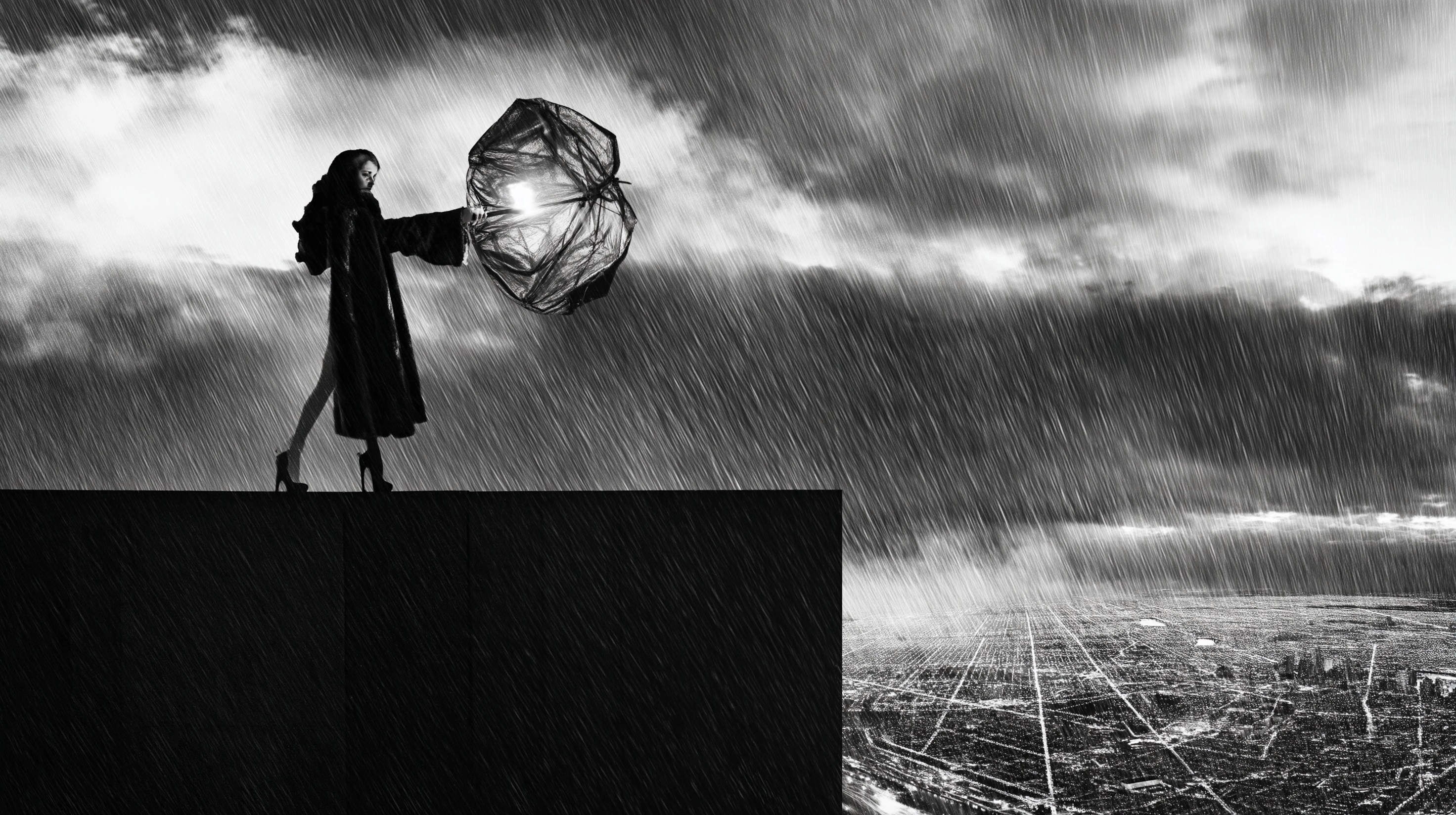Rooftop of a brutalist concrete tower block during a downpour. a woman in a fur coat holds an inside