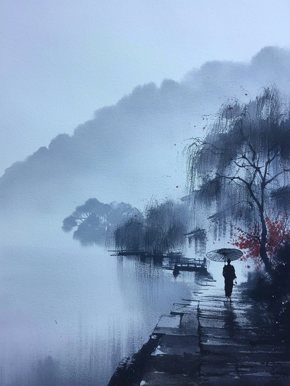 In the light drizzle of Qingming, the misty waters of Jiangnan create a hazy scene. The distant moun