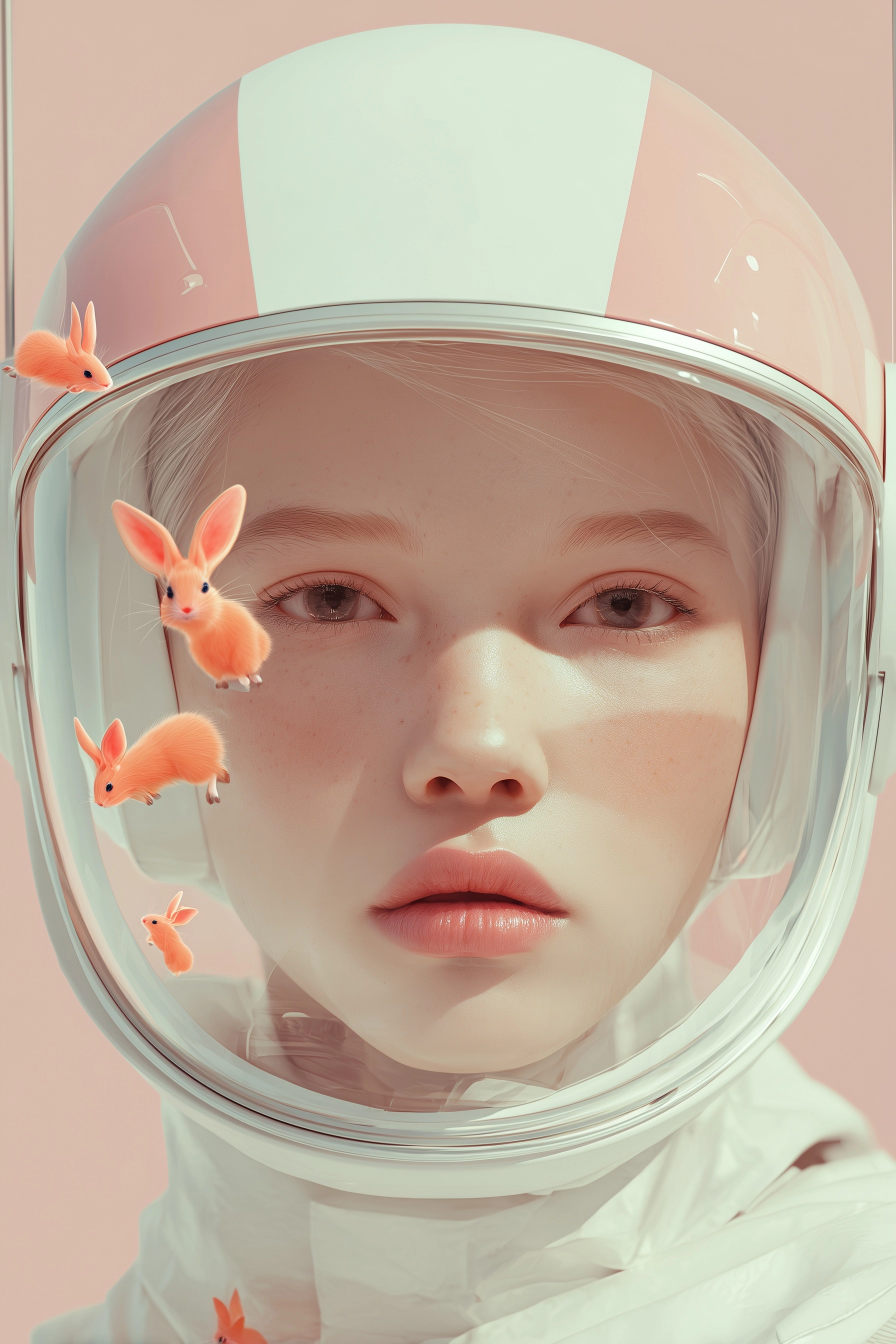 A surreal, hyper-realistic portrait of a young woman wearing a glossy retro-futuristic helmet with a