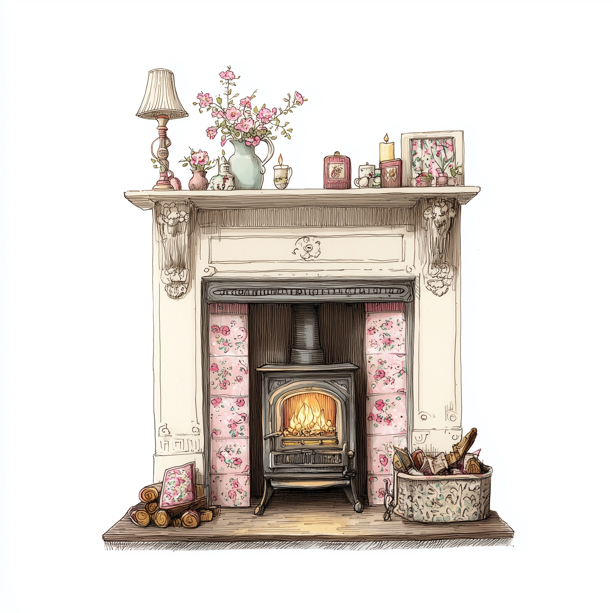 A beautiful fireplace, homely, feminine aesthetic, hand drawn detailed illustration