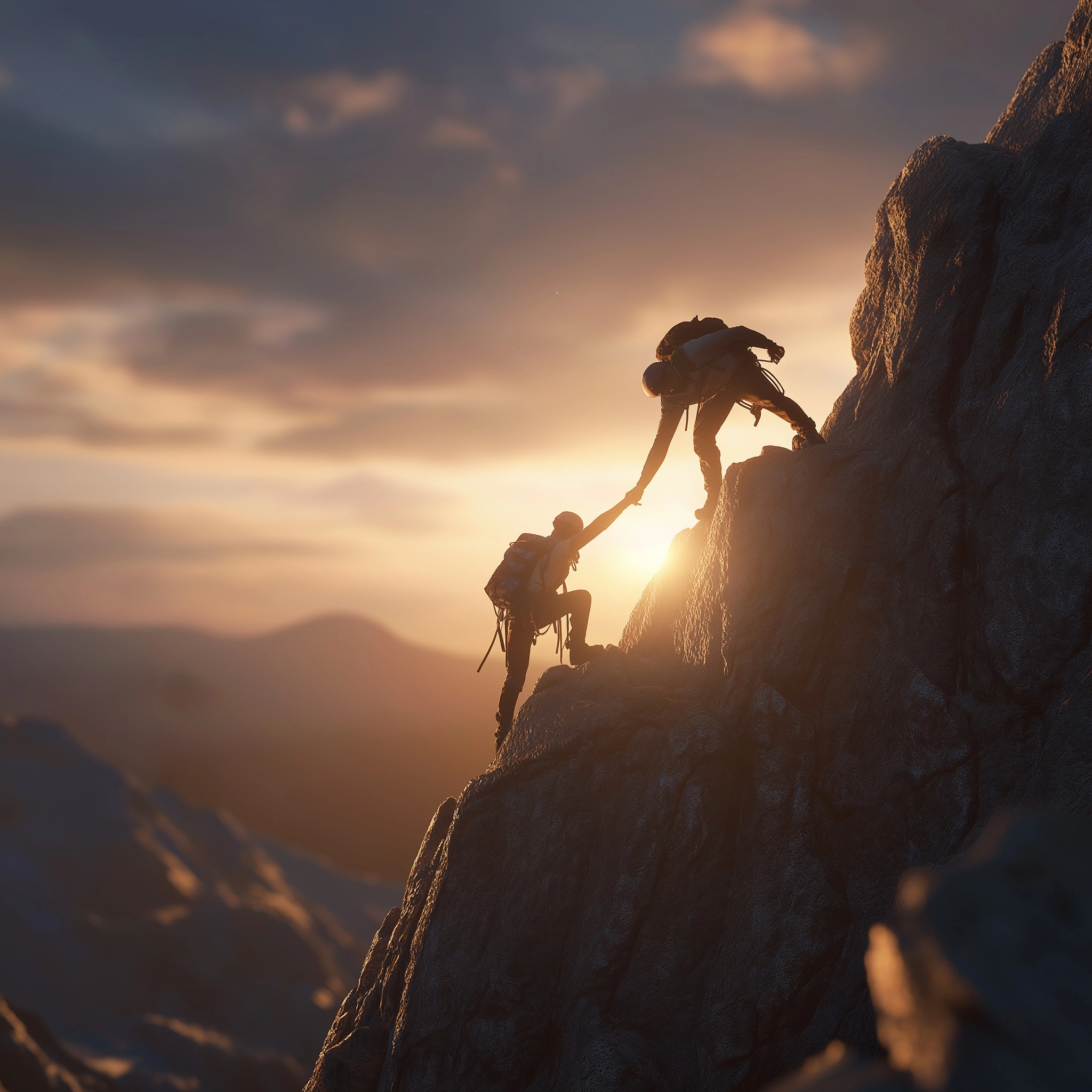 Close up shot of two climbers on a mountain, one person reaching down to pull another up a steep led