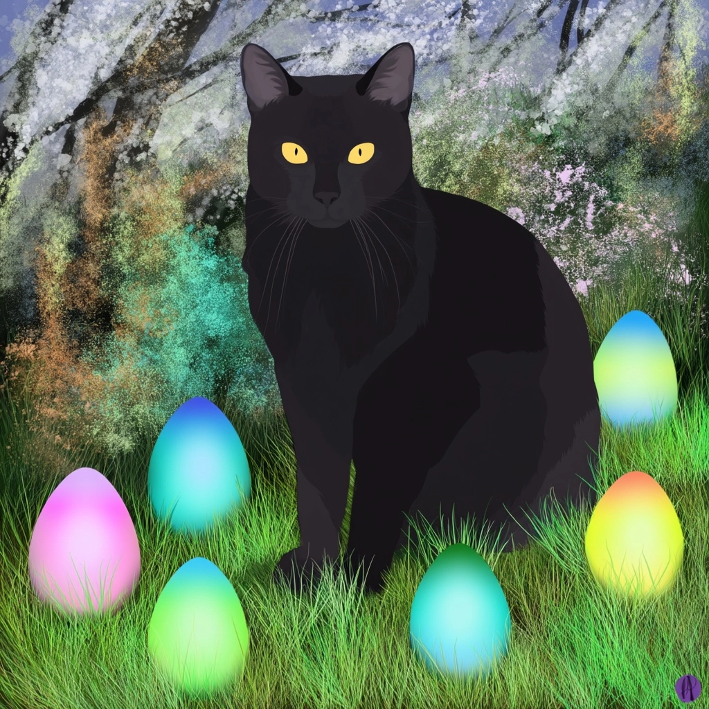 Ostara digital artwork flat colors black cat with Easter eggs surrounding it