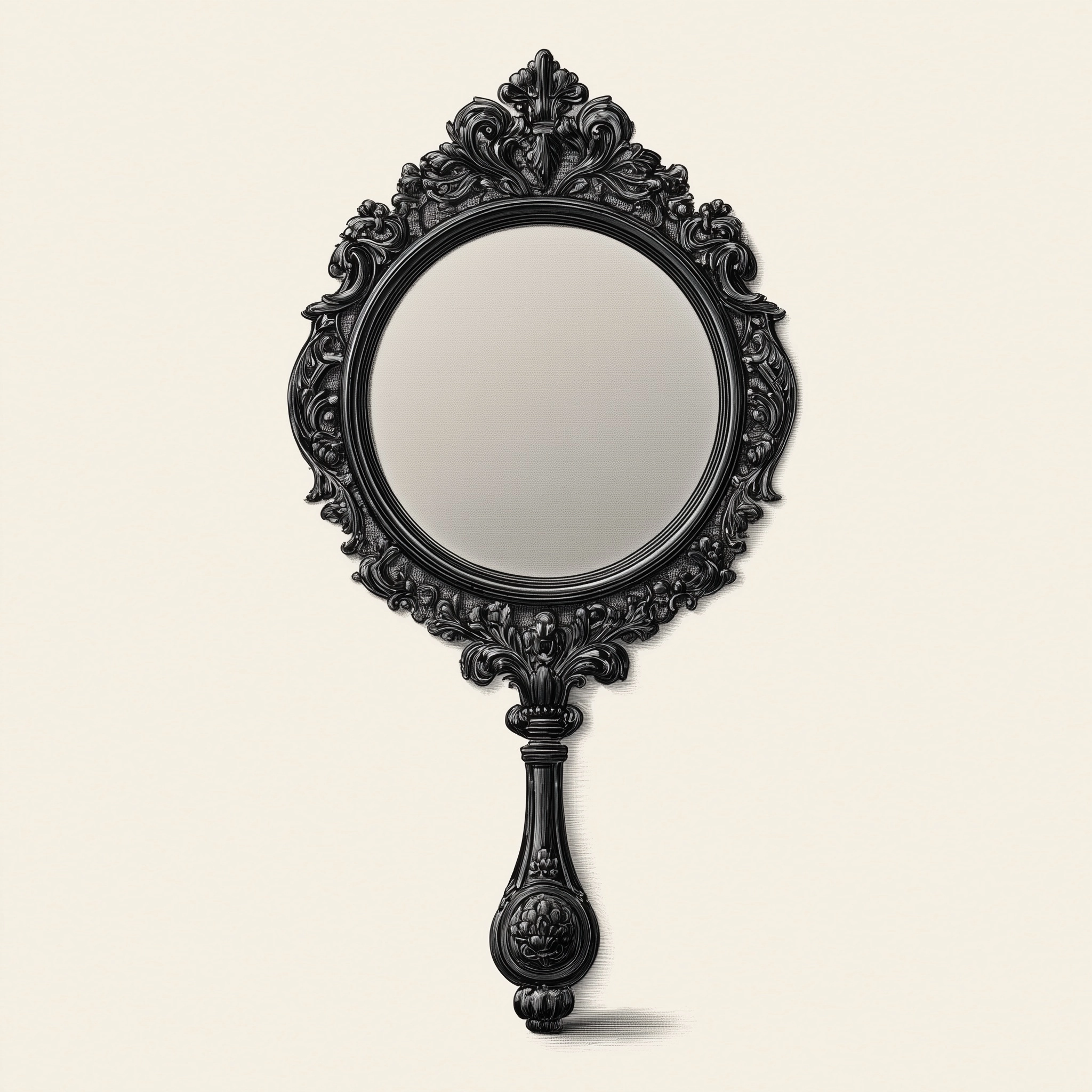 Use a dark victorian style illustration to create a hand-held mirror. Just a mirror on a white backg