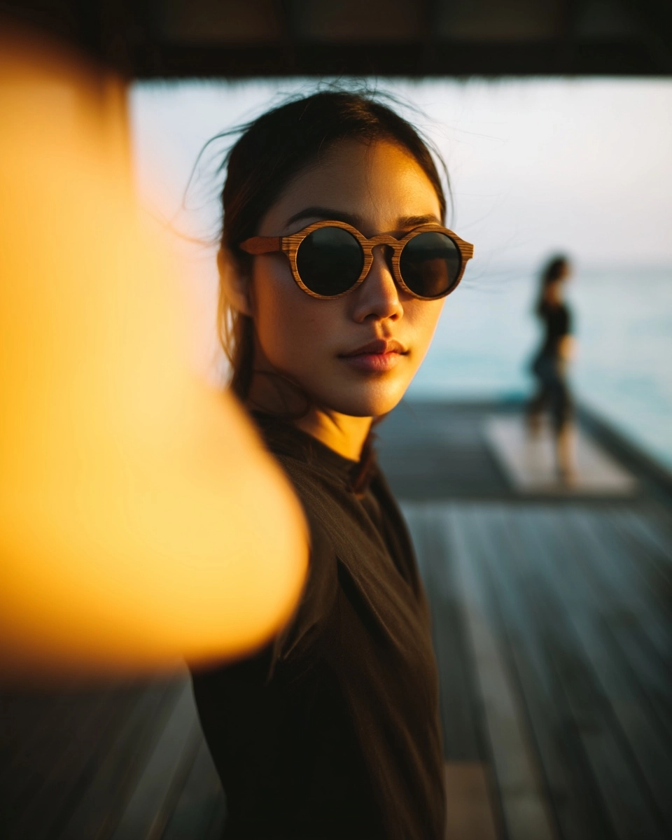 A candid close-up of a woman in her late 20s with mixed Asian features, slim athletic build