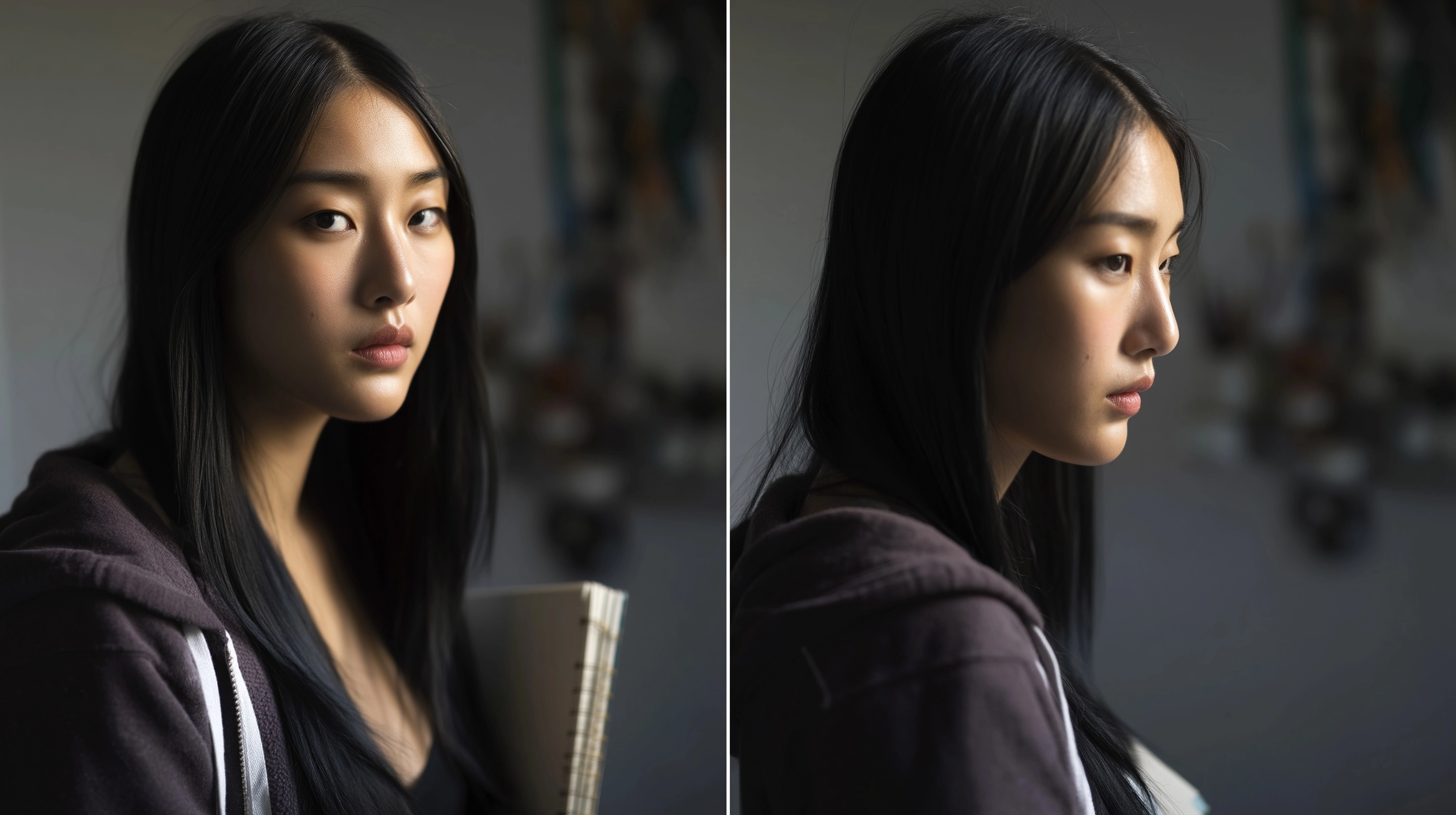 Cinematic turnaround photo of a quietly intense 26 year old Korean-American woman with ink-stained f