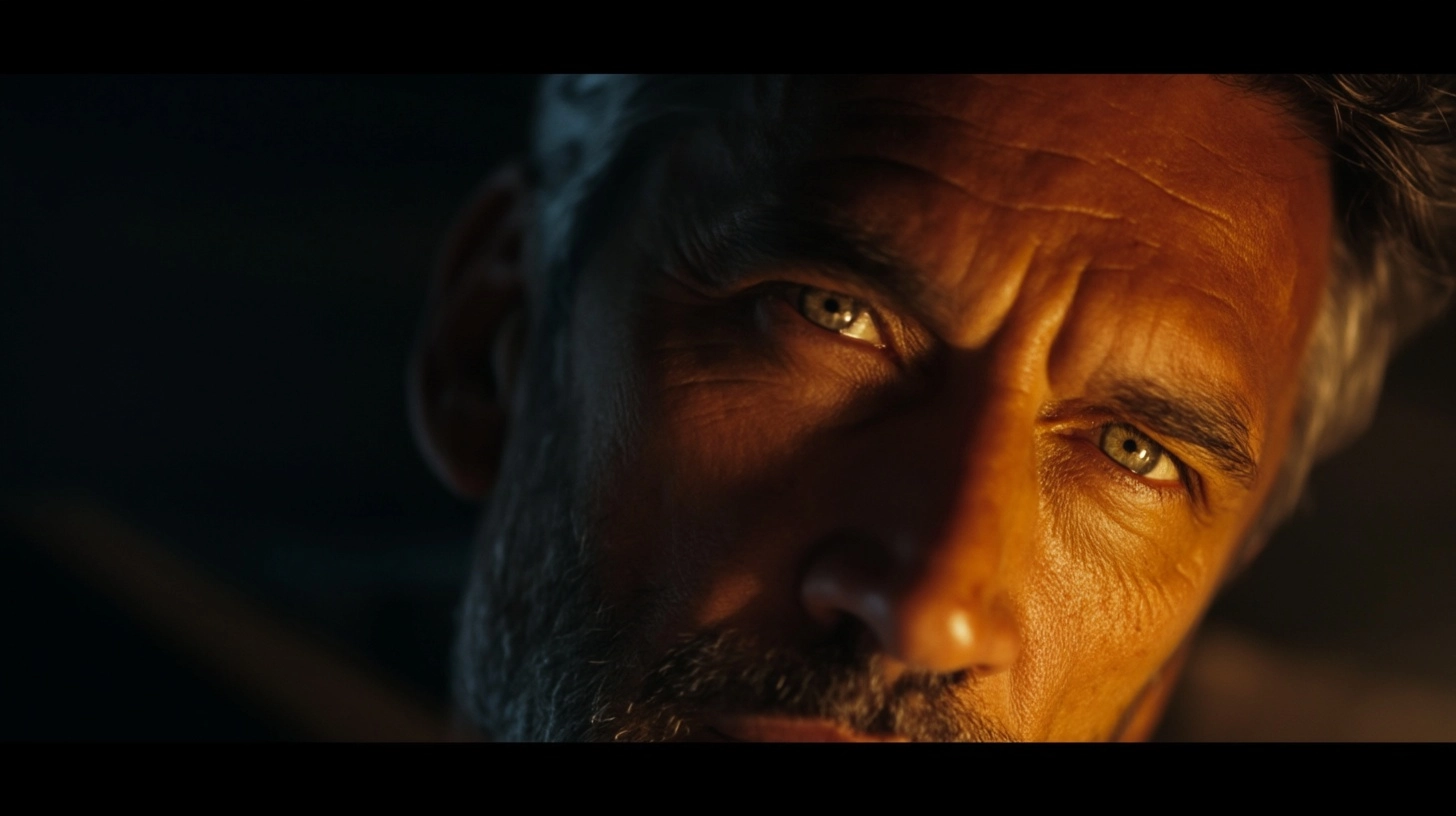 Extreme close-up of a stoic wise man reading quietly by candlelight, intense yet calm gaze