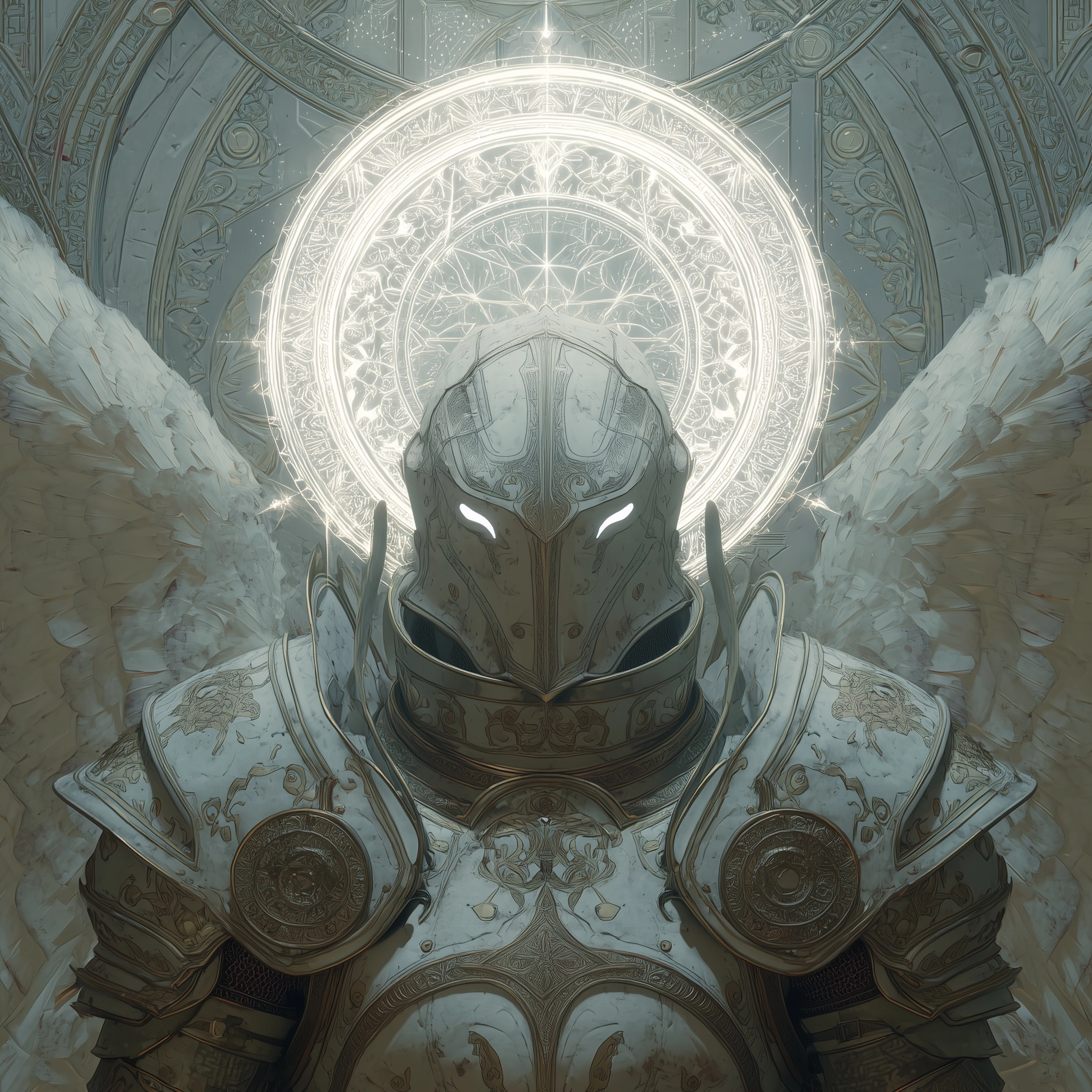 Biblically accurate angel inspired paladin, chest up close-up, holy armored warrior