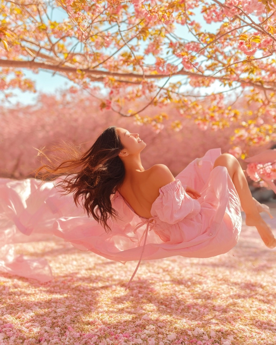 A cinematic fashion editorial shot of a young woman in her 20s gracefully floating through the sky w