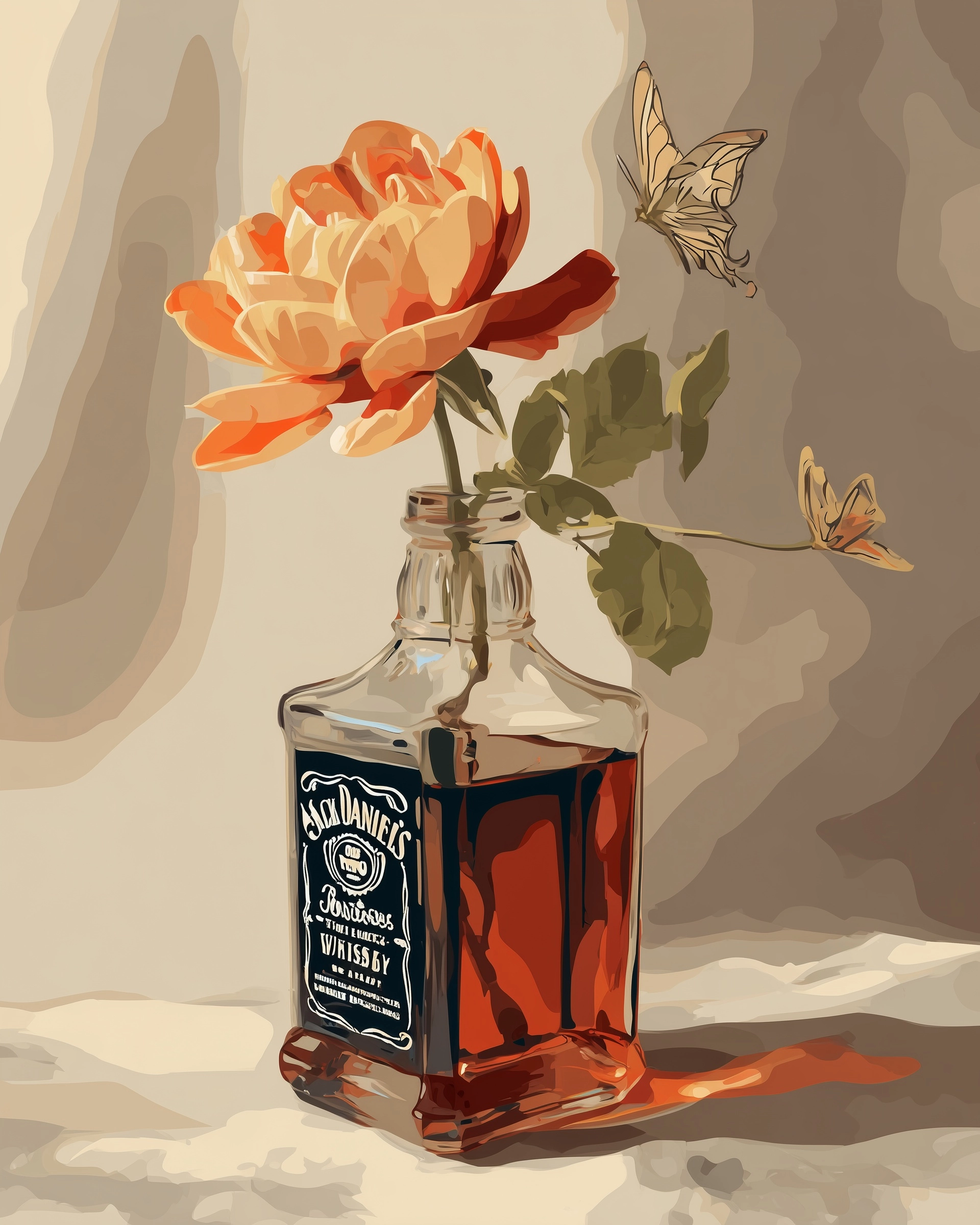 Paint by numbers style illustration, still life of an open square whiskey bottle inspired by Jack Da