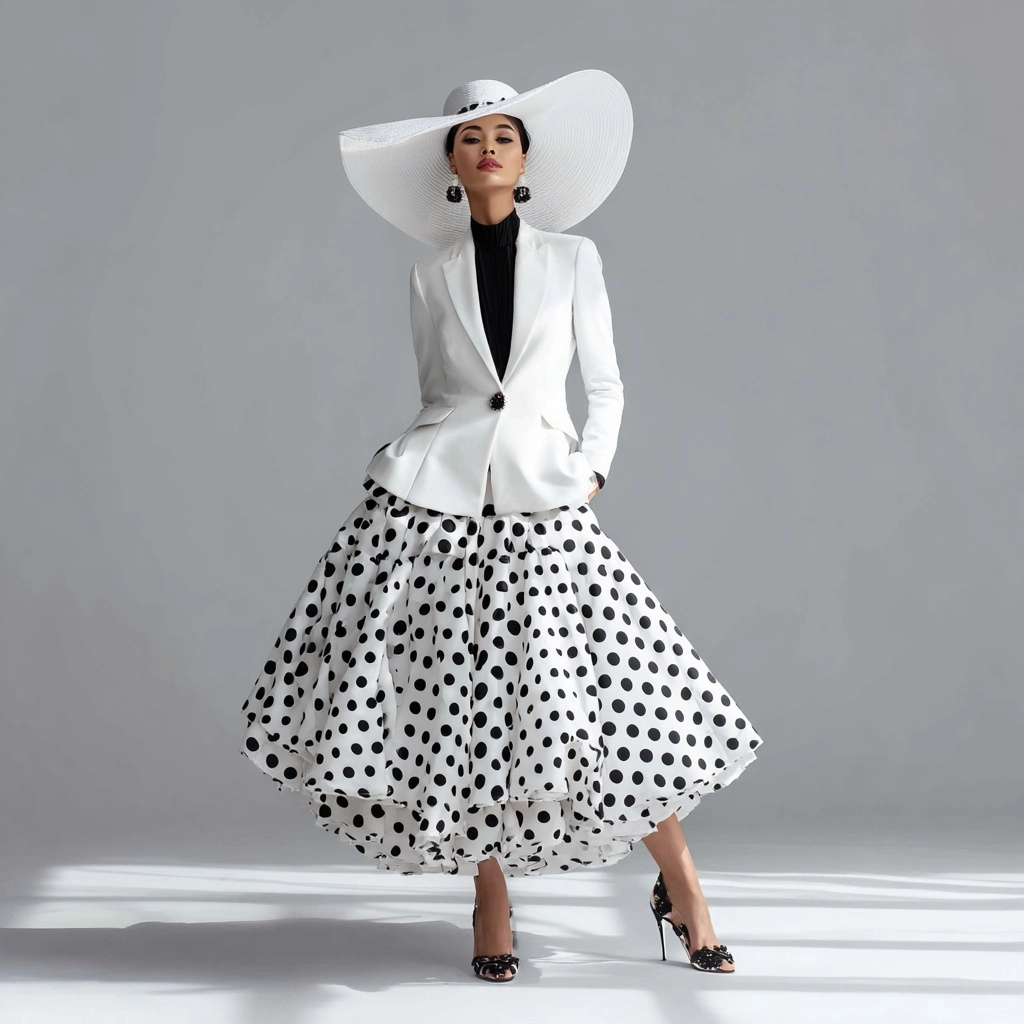 A model is wearing a black-and-white polka dot circular cloche skirt long
