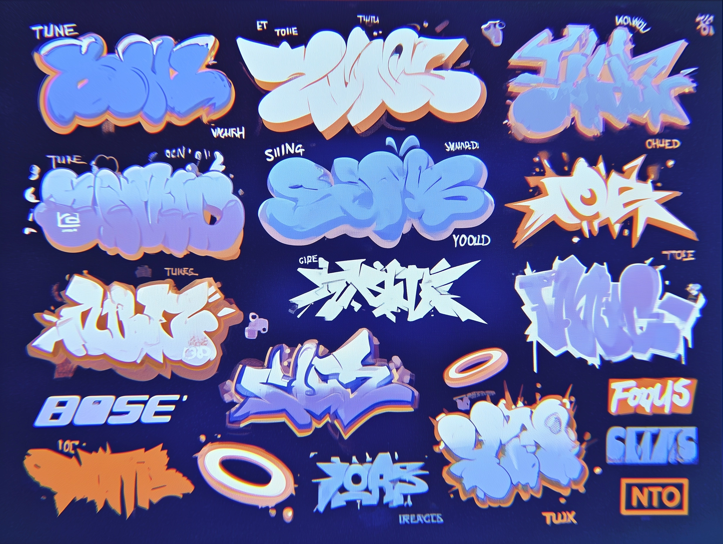 A collection of 2D sticker-style assets and typography for a Bose motion graphics project. Style: Br