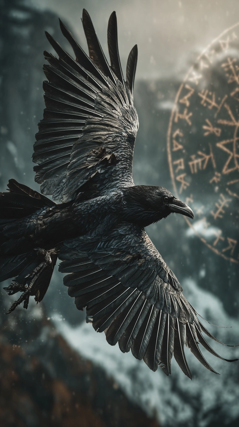 A beautiful Black raven flying over mountain peak, deep sun, Light and shadow