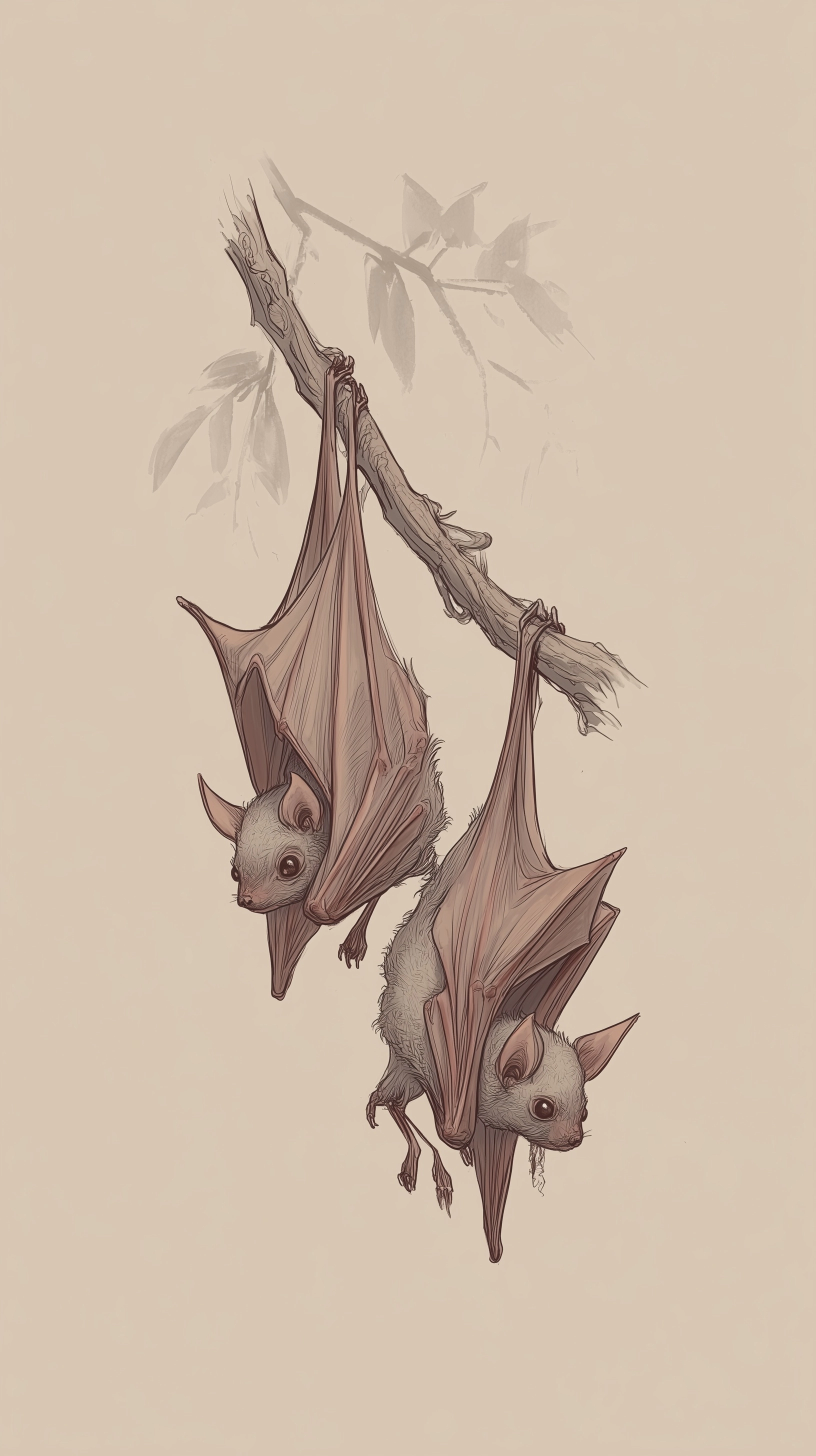 Style sketch of a singular bat with two heads hanging from a branch, muted colors, plain background