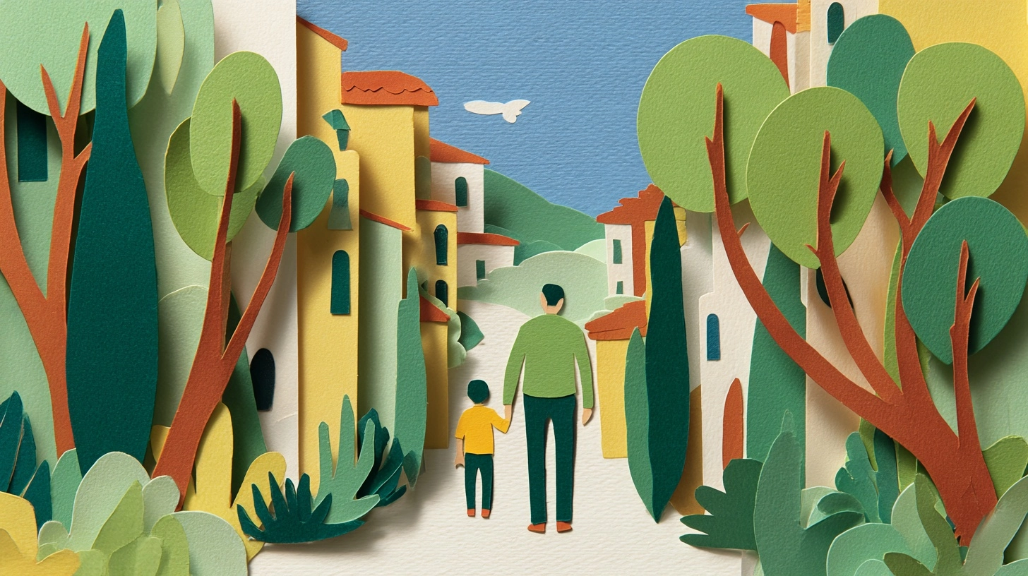 Paper Cut Illustration,an urban alley,Close-up of a 30-year-old father and 5-year-old son walking ha