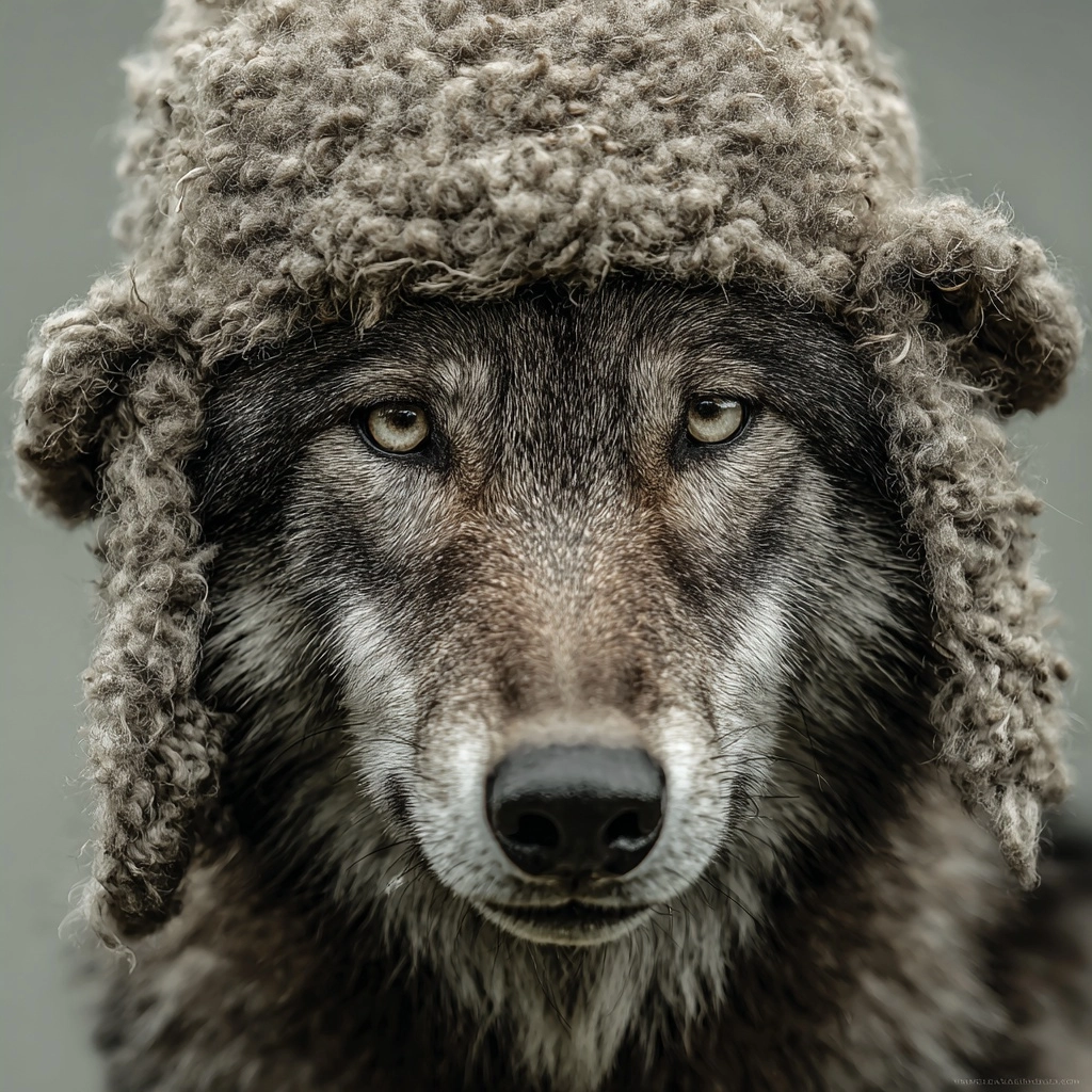 Wildlife portrait photography a wolf wearing a hat that looks like a sheep. daylight lighting
