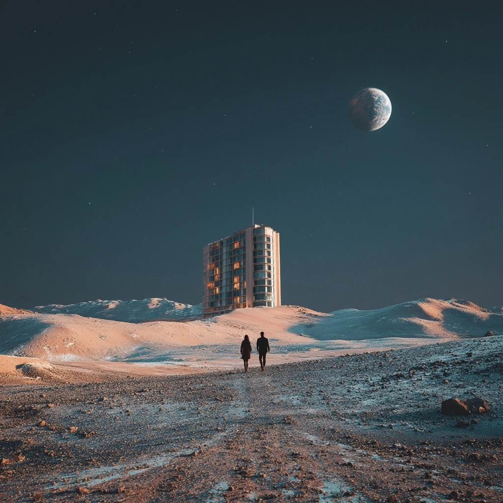 Visiting a hotel on the moon, small earth in the sky