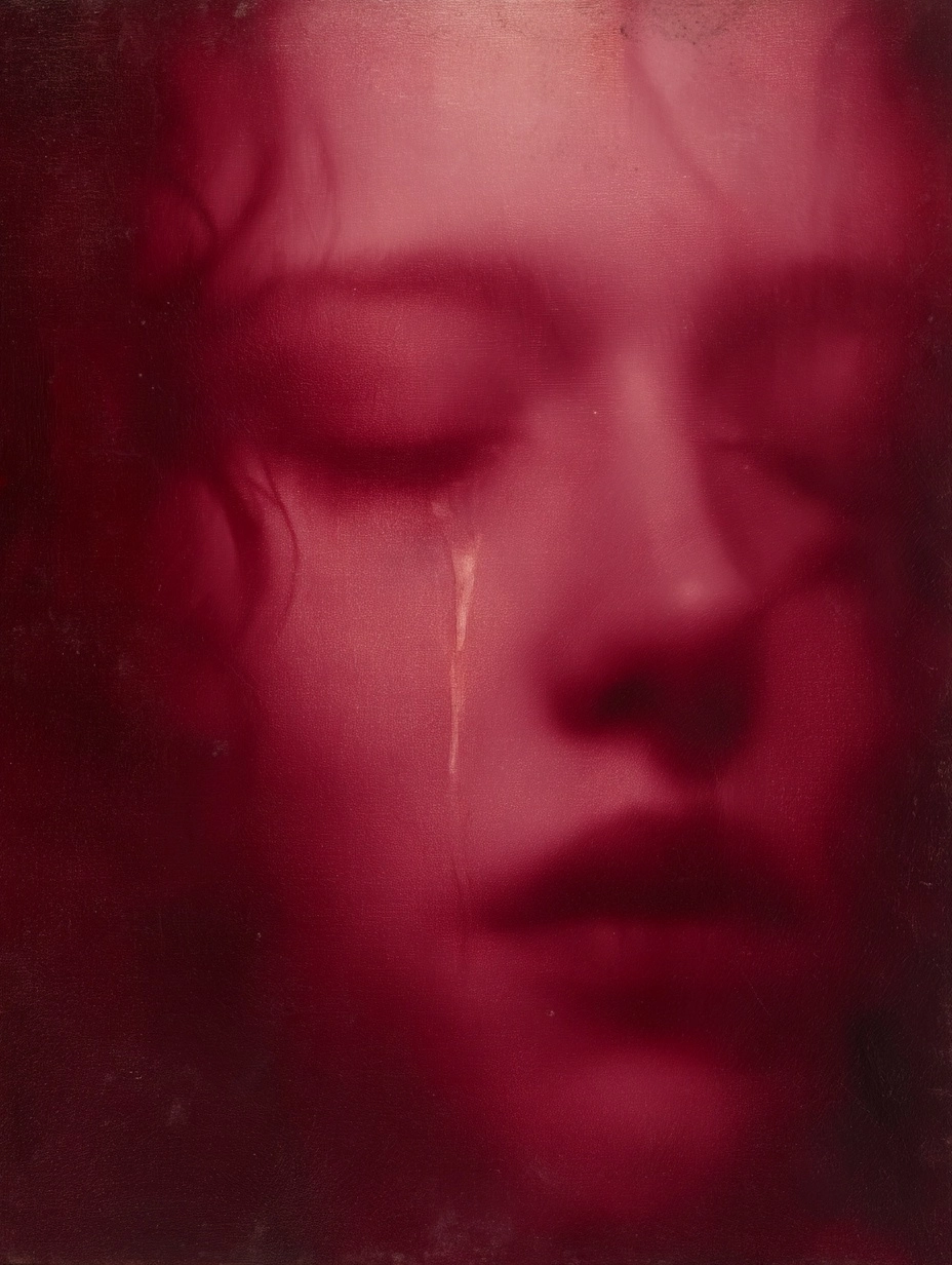 Draw blurry, ethereal close-up woman's face with closed eyes, a single tear tracing her cheek