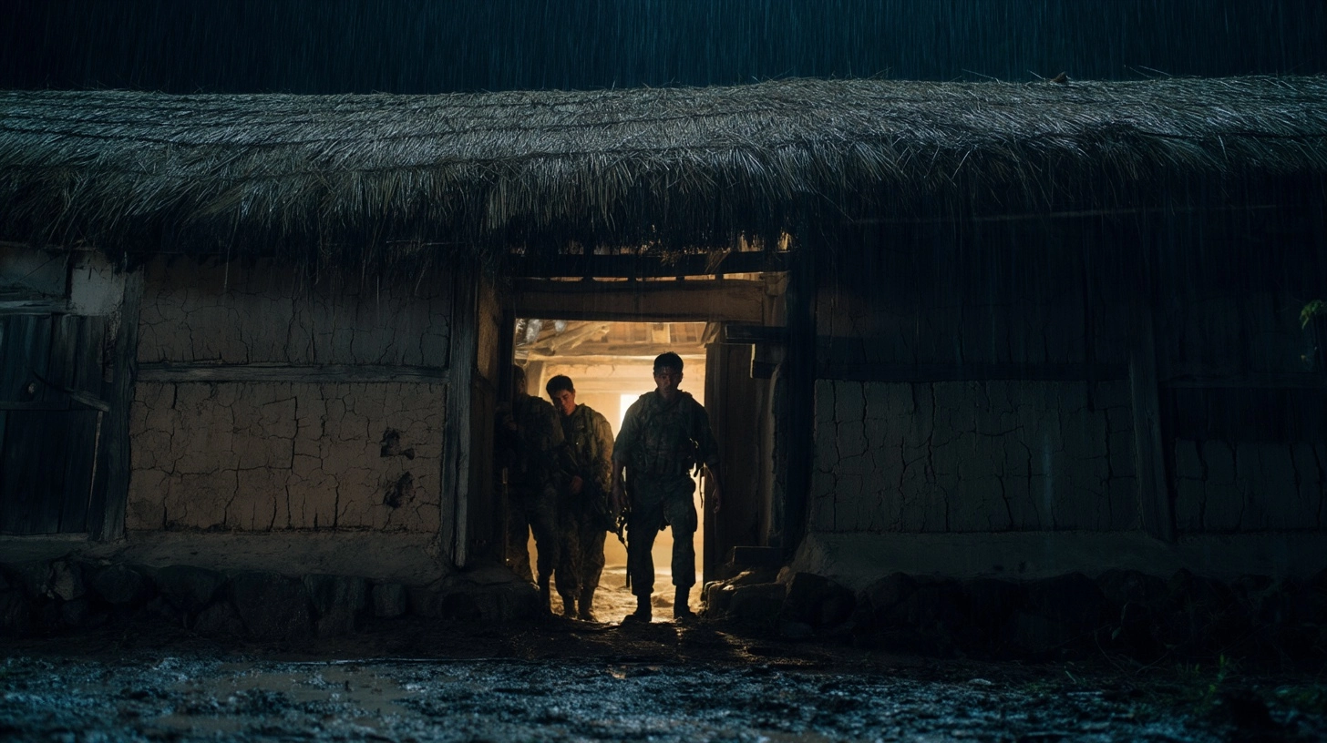 A cinematic medium shot of four Korean special forces soldiers arriving at the entrance of a ruined
