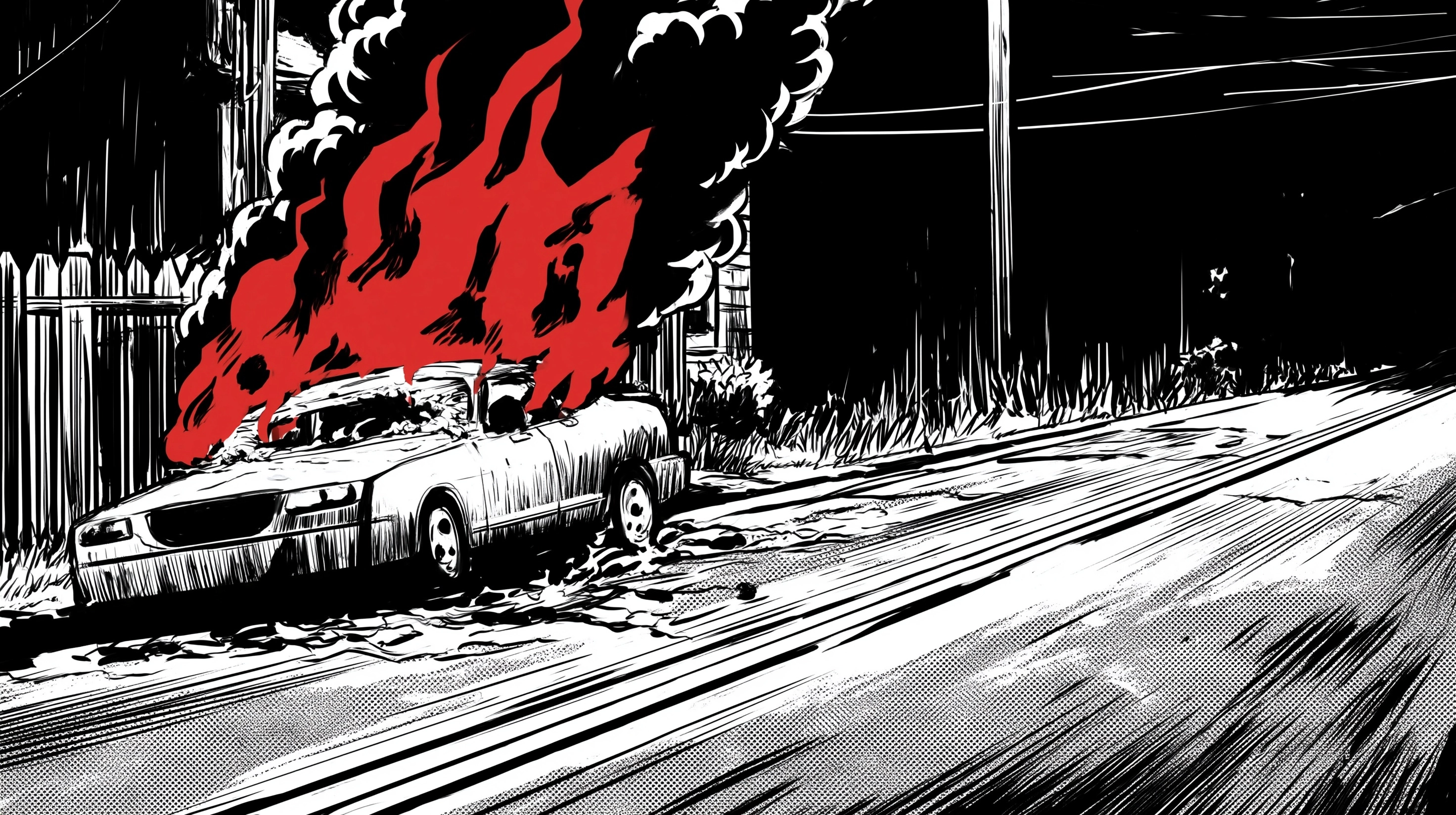 Burning car on empty street, flames rendered as flat red shapes, thick smoke rising into darkness