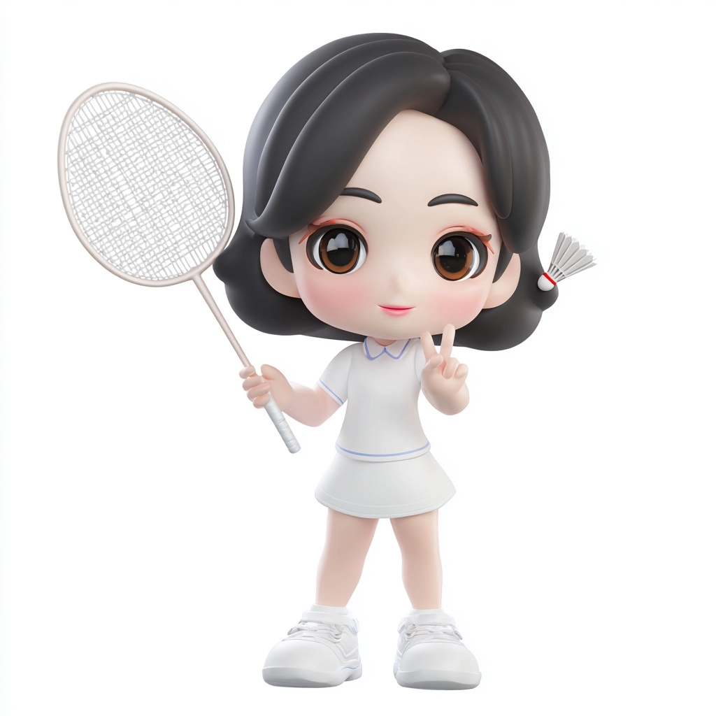 Cute chibi 3D anime badminton girl, big head small body proportions