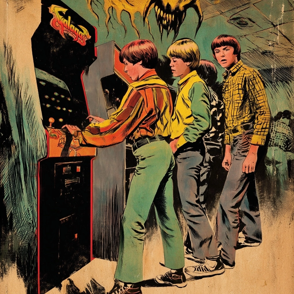 1980s teenage boys playing an arcade game Galaga. You see them full body standing around the cabinet