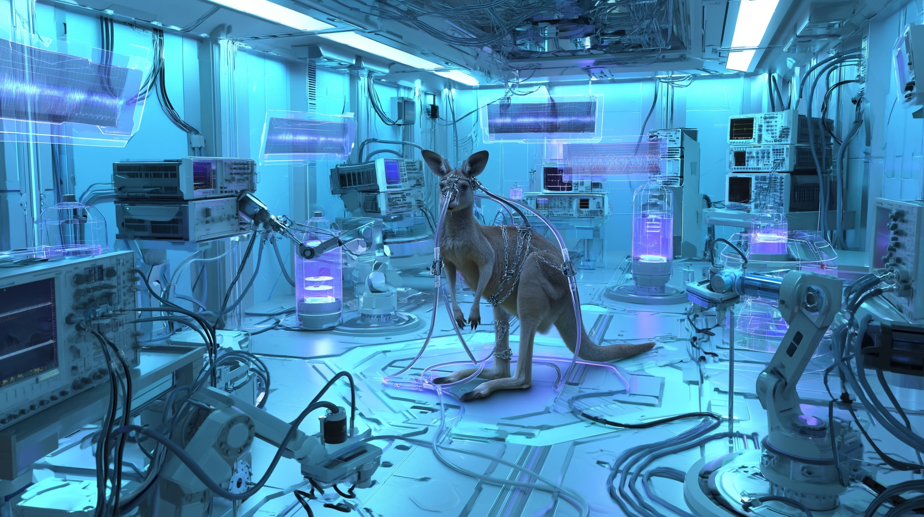 A futuristic high-tech calibration lab with sleek metallic surfaces and glowing blue ambient lightin