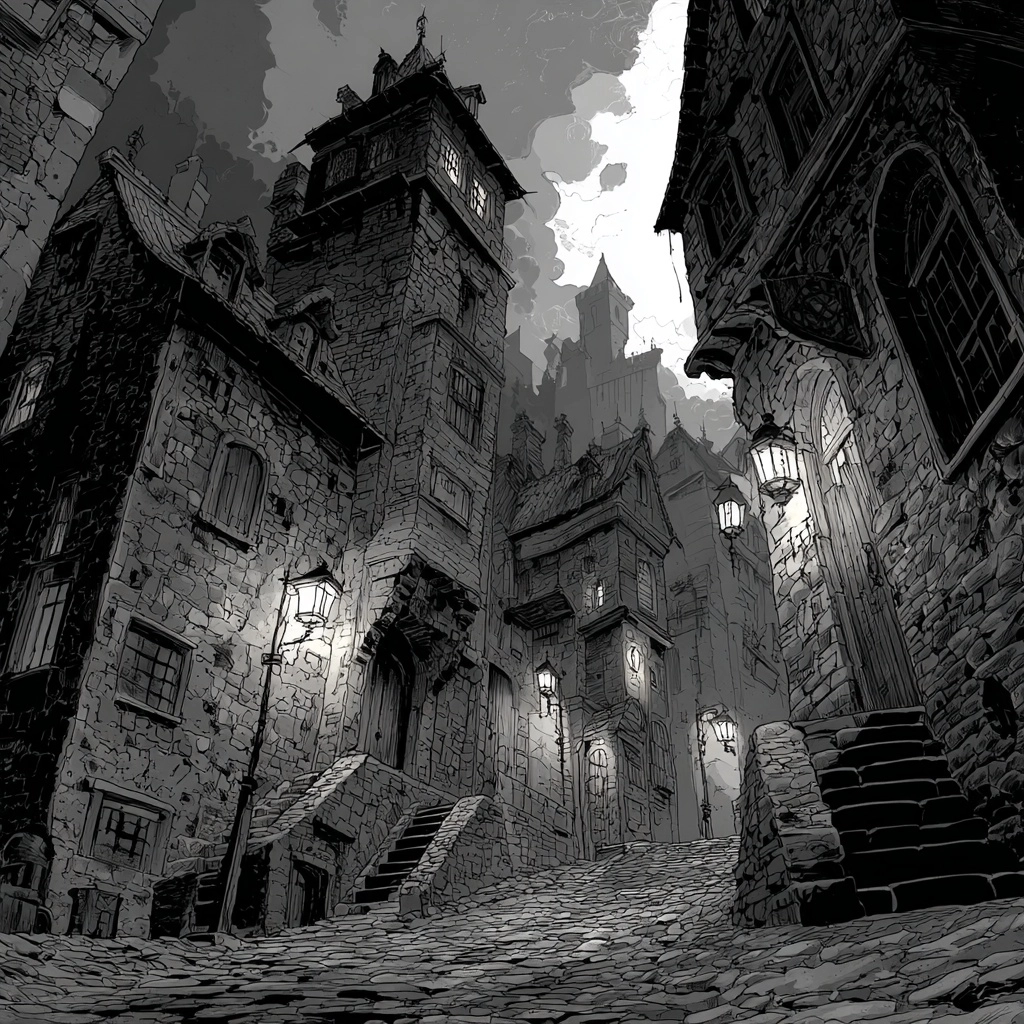 A spooky colonial era winding street with cobblestones and creaky old buildings in the style of Fran