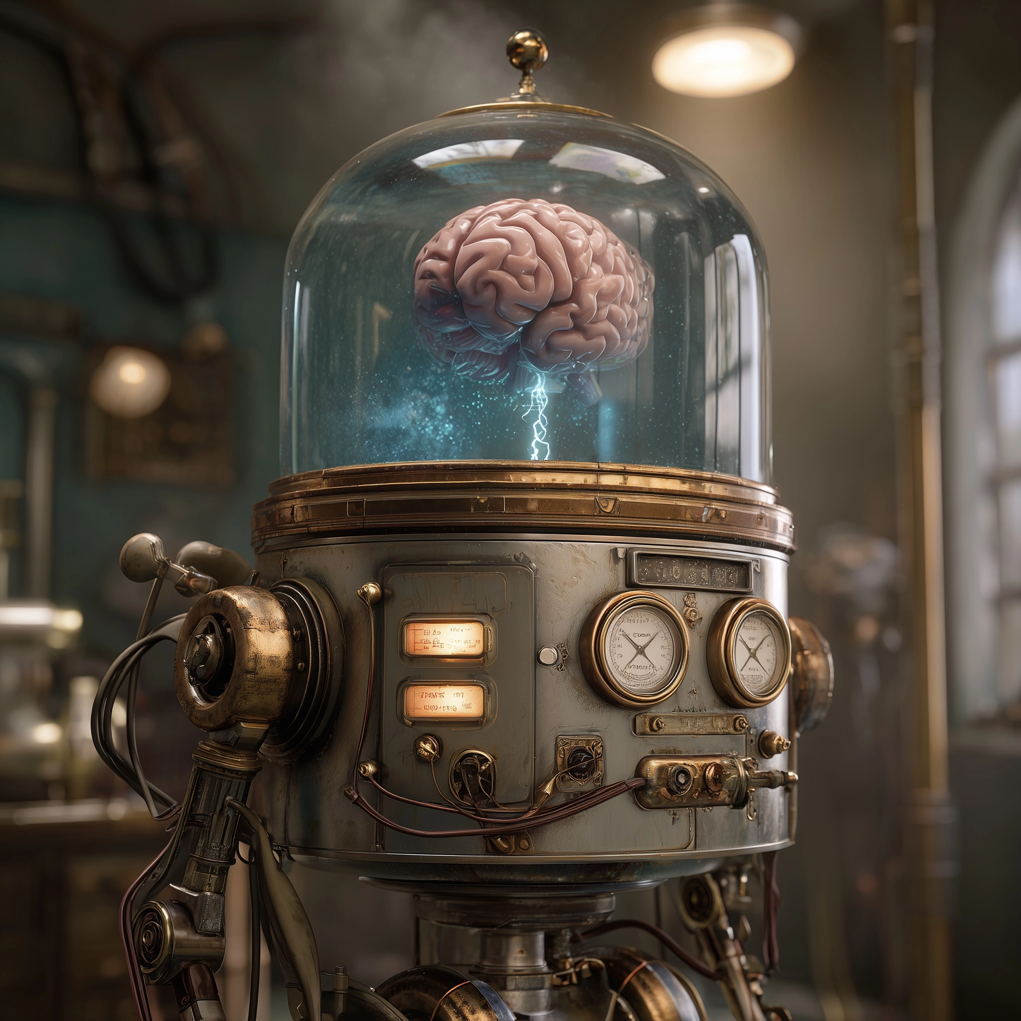 A retrofuturistic robot with a glass dome for a head