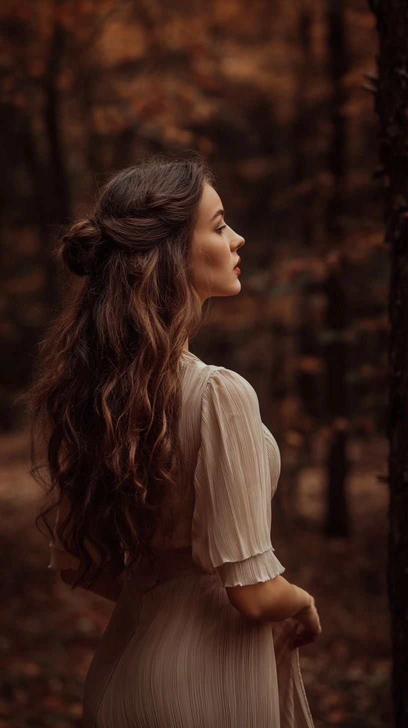 An hhyper realistic photo of a woman with long wavy hair and vintage hairstyle She is wearing a plea
