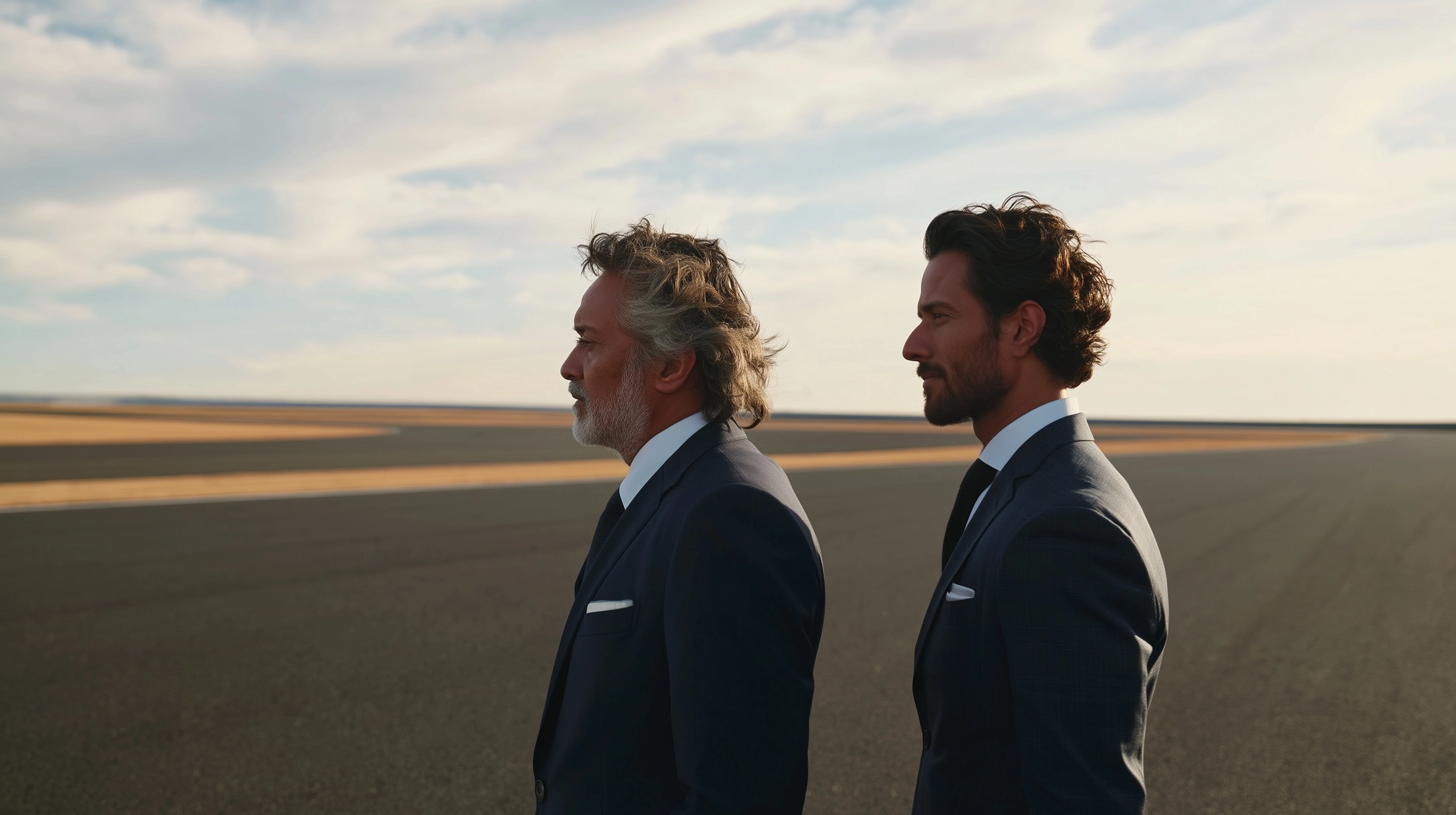 Cinematic premium lifestyle photograph of a 50-year-old Indian father and his 30-year-old son standi
