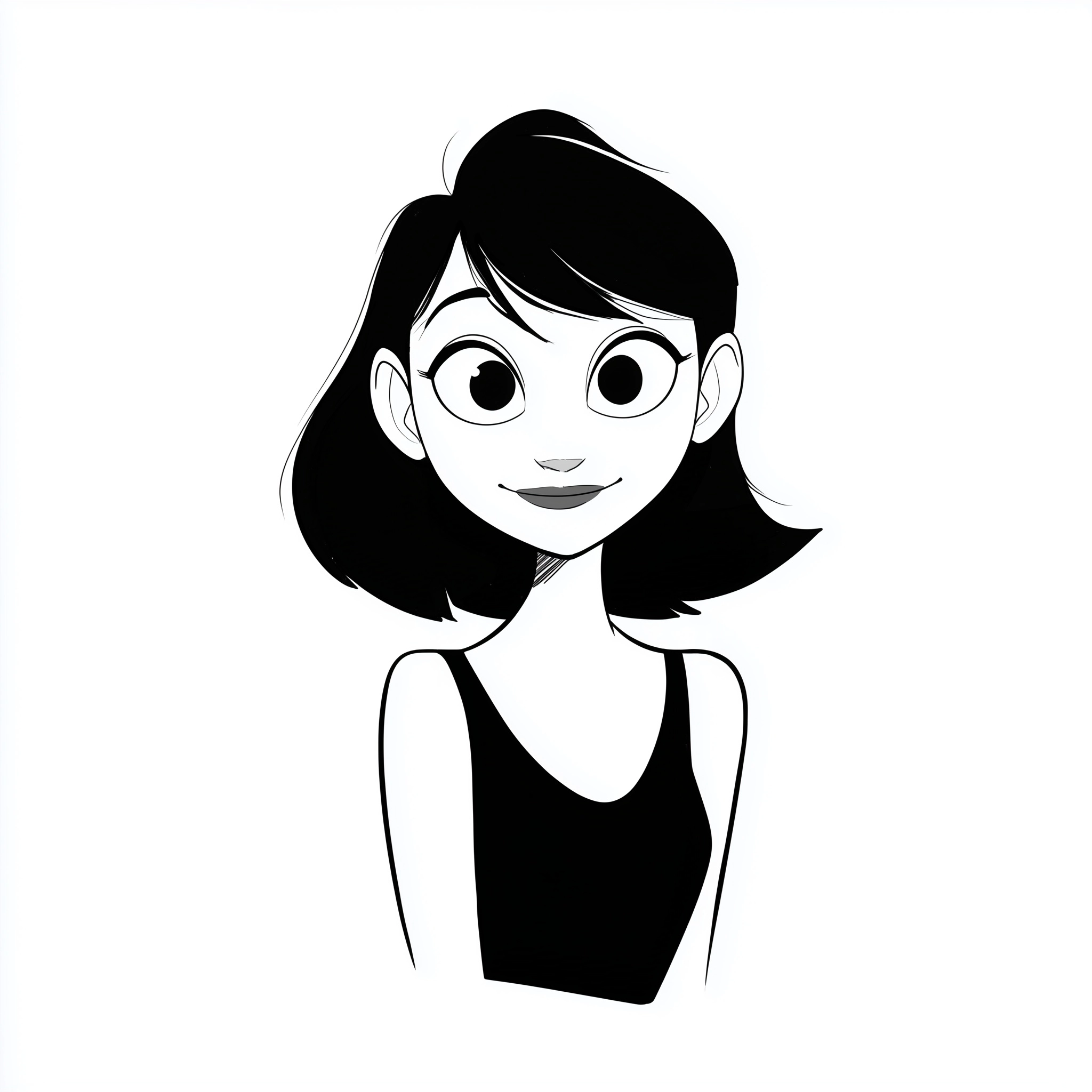 Cute cartoon character portrait, front view, simple shapes, clean line art, black and white