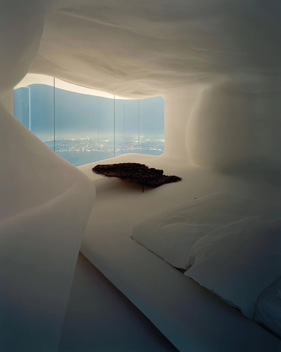 Futuristic bedroom. monumental low bed platform. cozy warm anatolian blanket. Ricardo bofill. Epic s