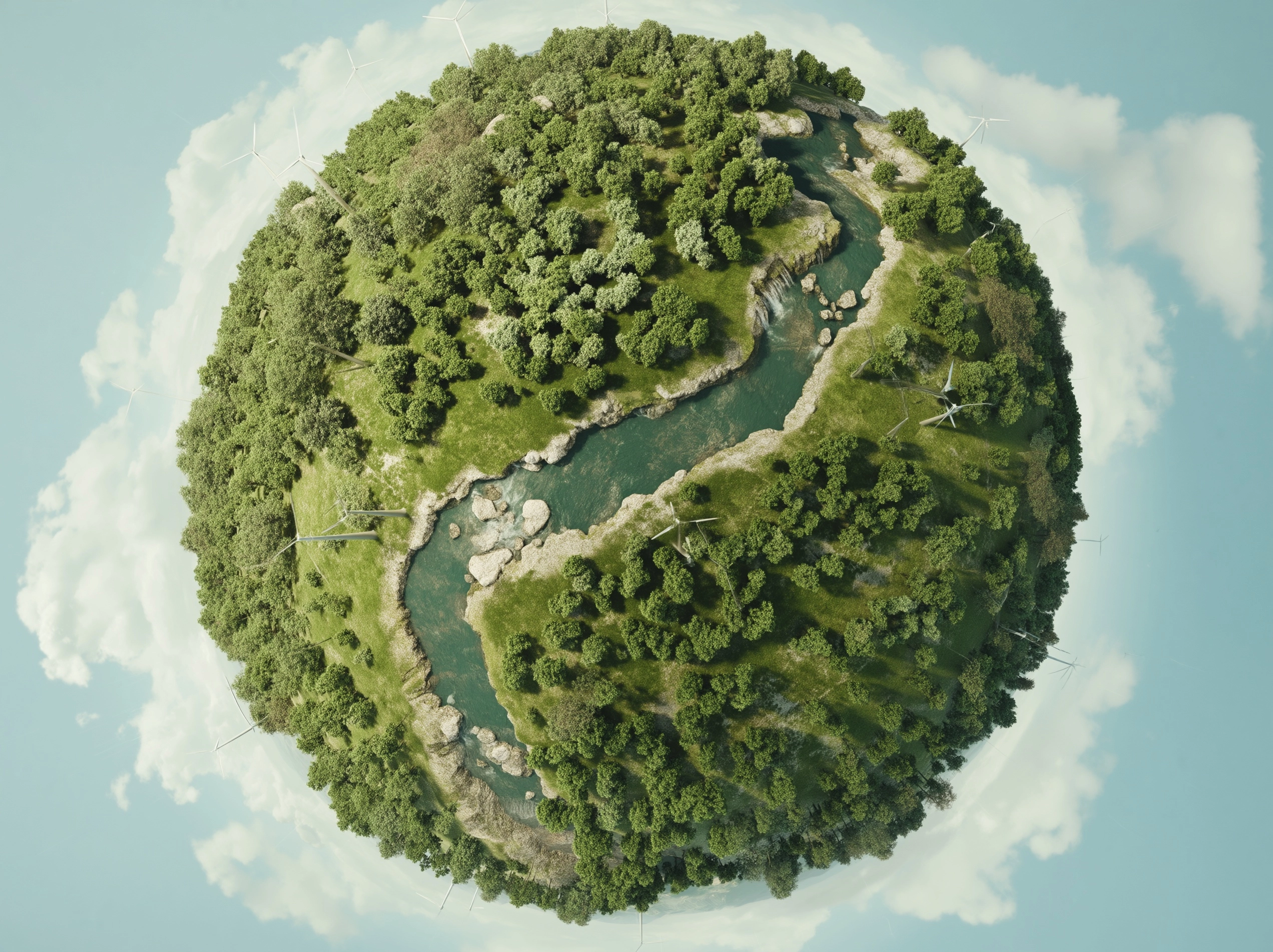 Green planetary sphere showcasing sustainable ecosystem with abundant trees, a flowing river