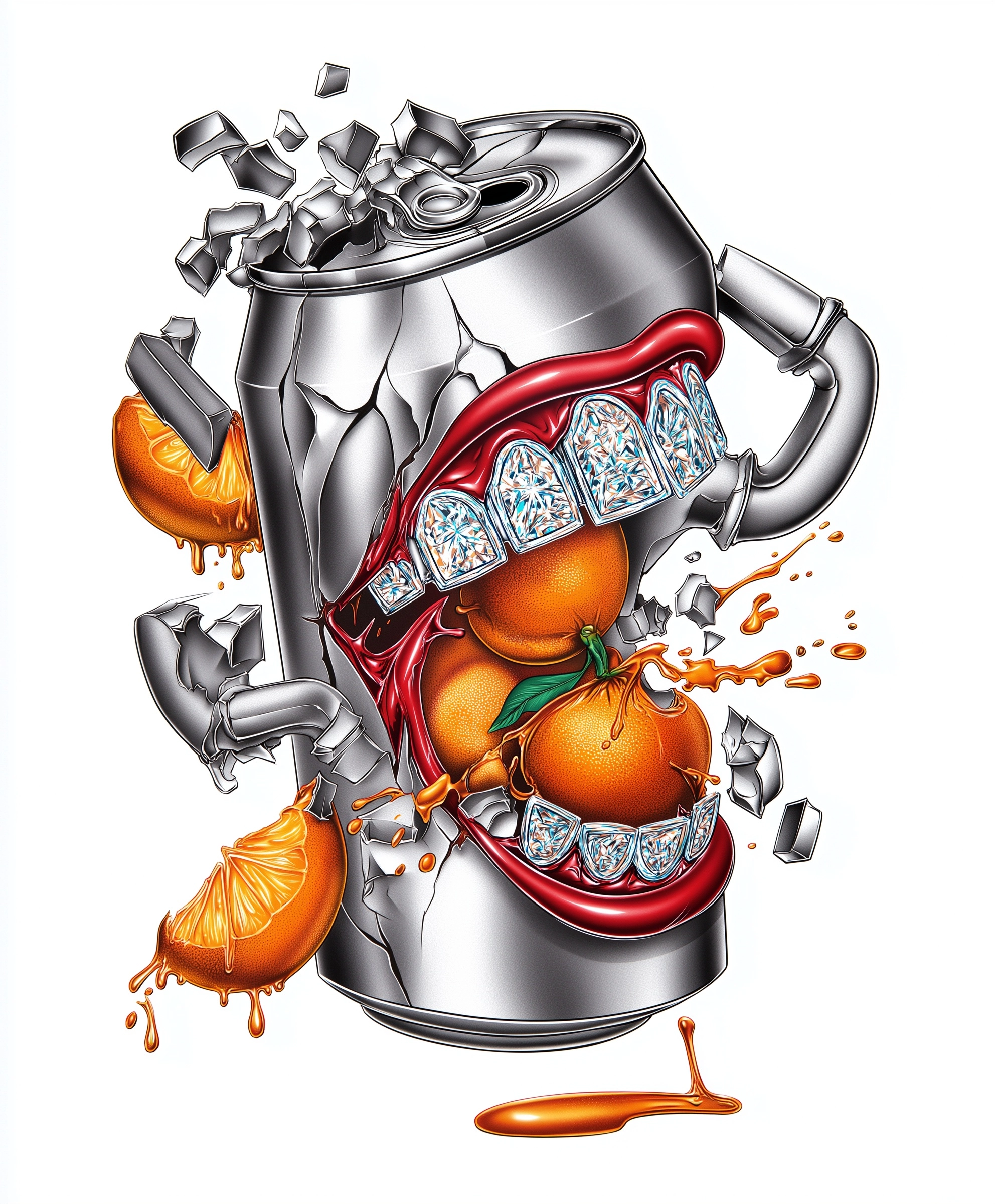 Hyper-detailed airbrushed illustration of a cracked soda can with broken shackle