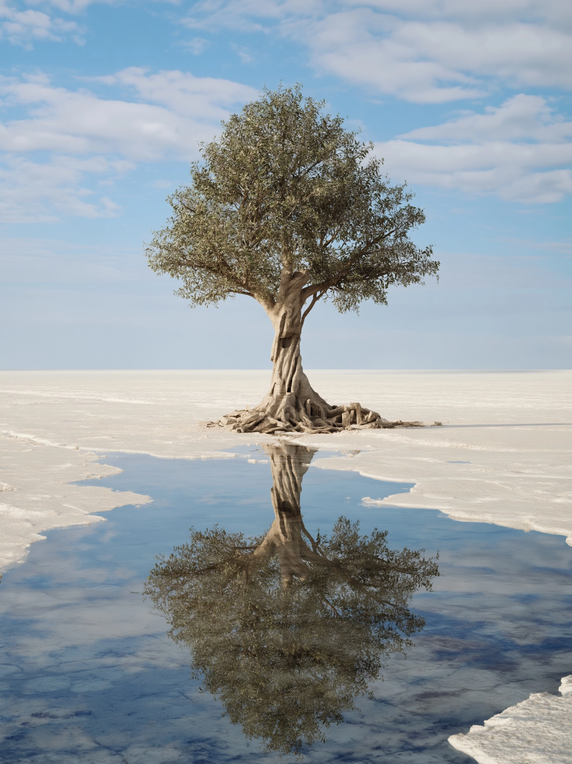 In the style of Maxfield Parrish, an impossibly ancient tree at the edge of the world