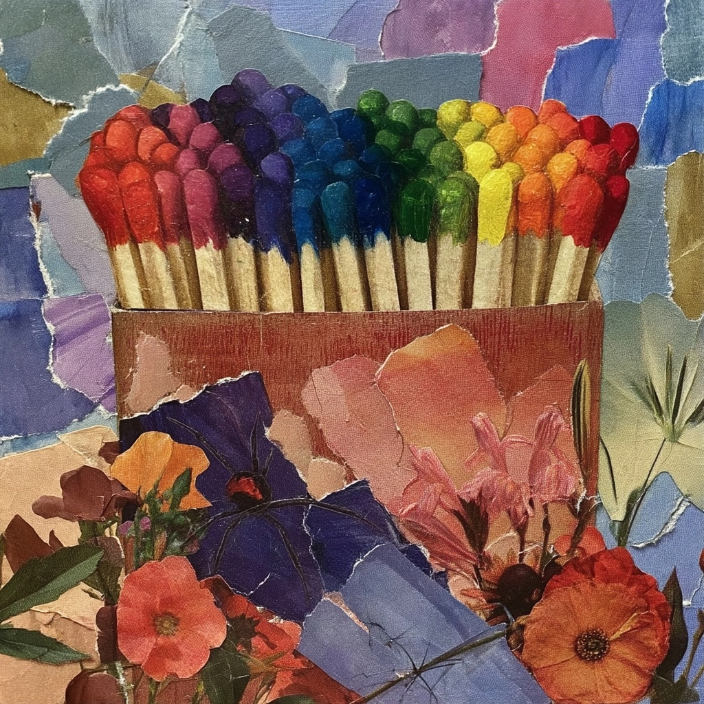 Collage, a box of matches with the tips painted sequentially in the colors of the rainbow