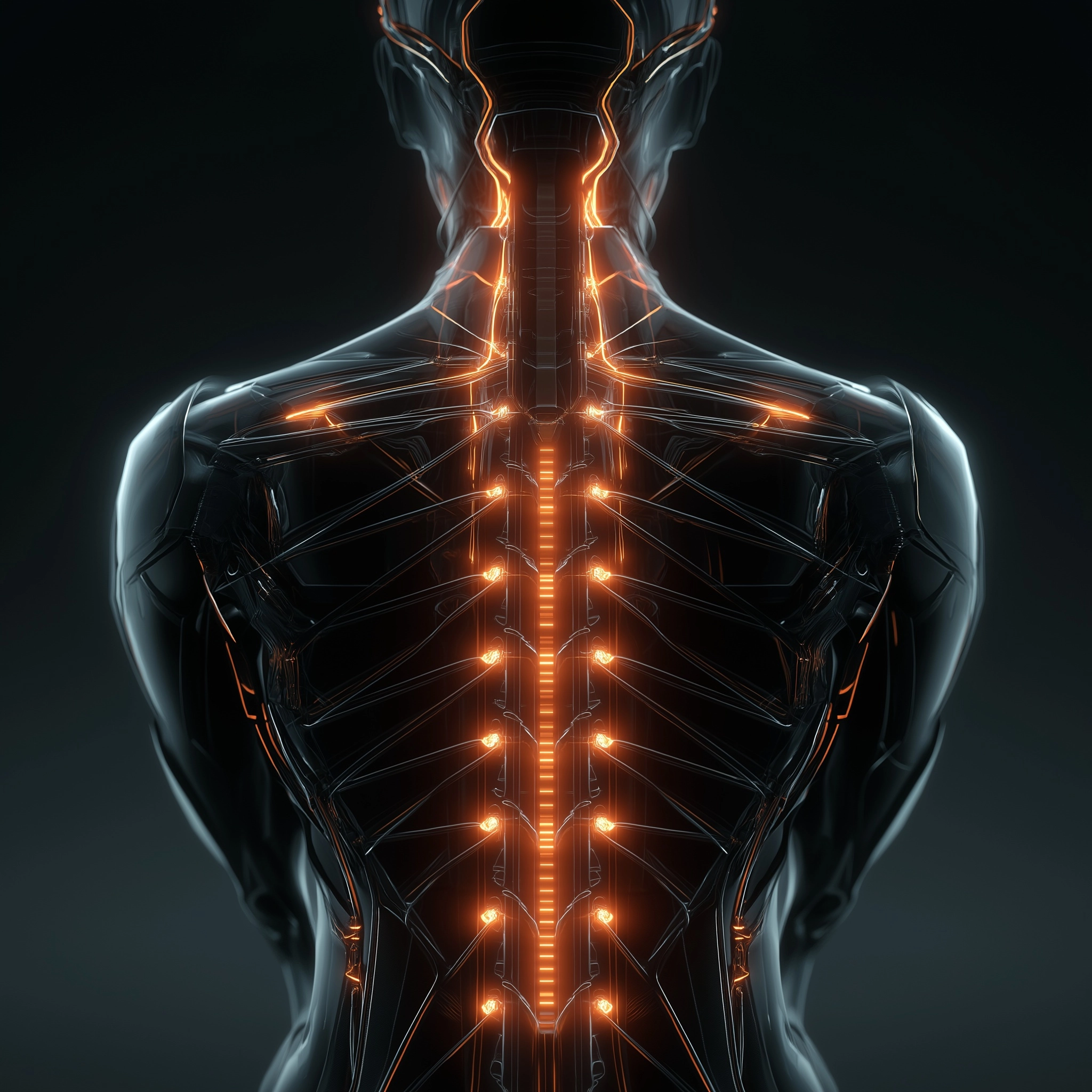 Picture of a black body, showing the back with spine bone brightly in the foreground. In style of sc