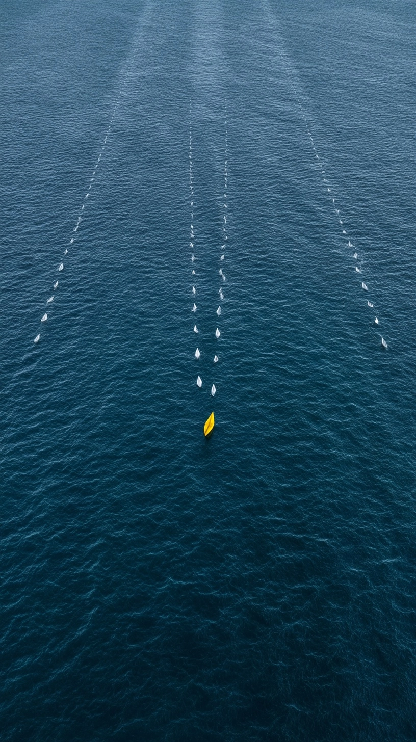 Wide medium shot from slightly above of the yellow paper boat in the ocean