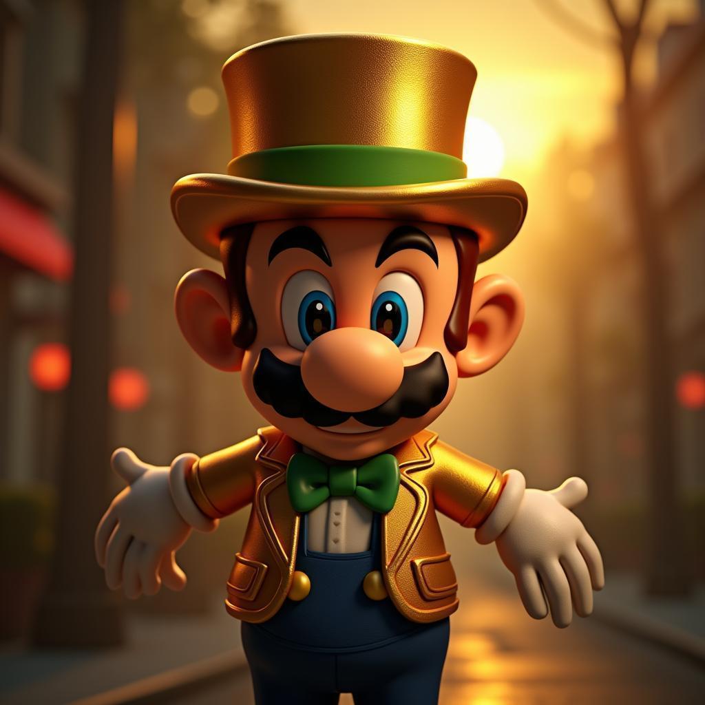 Dapper Luigi Posing in a Gold Top Hat