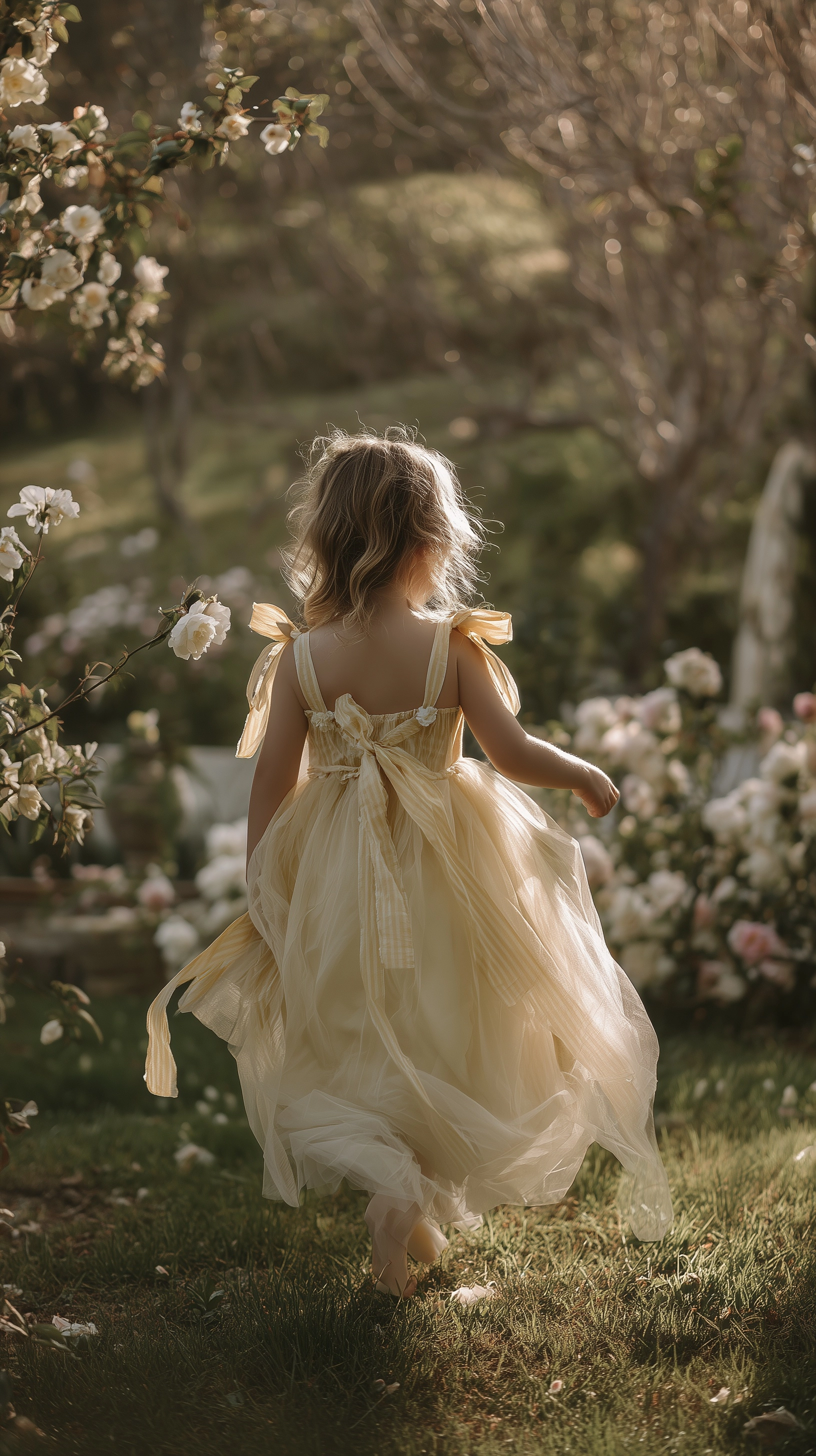 Soft dreamy lifestyle scene, toddler girl wearing a yellow gingham tulle dress with daisy embroidery