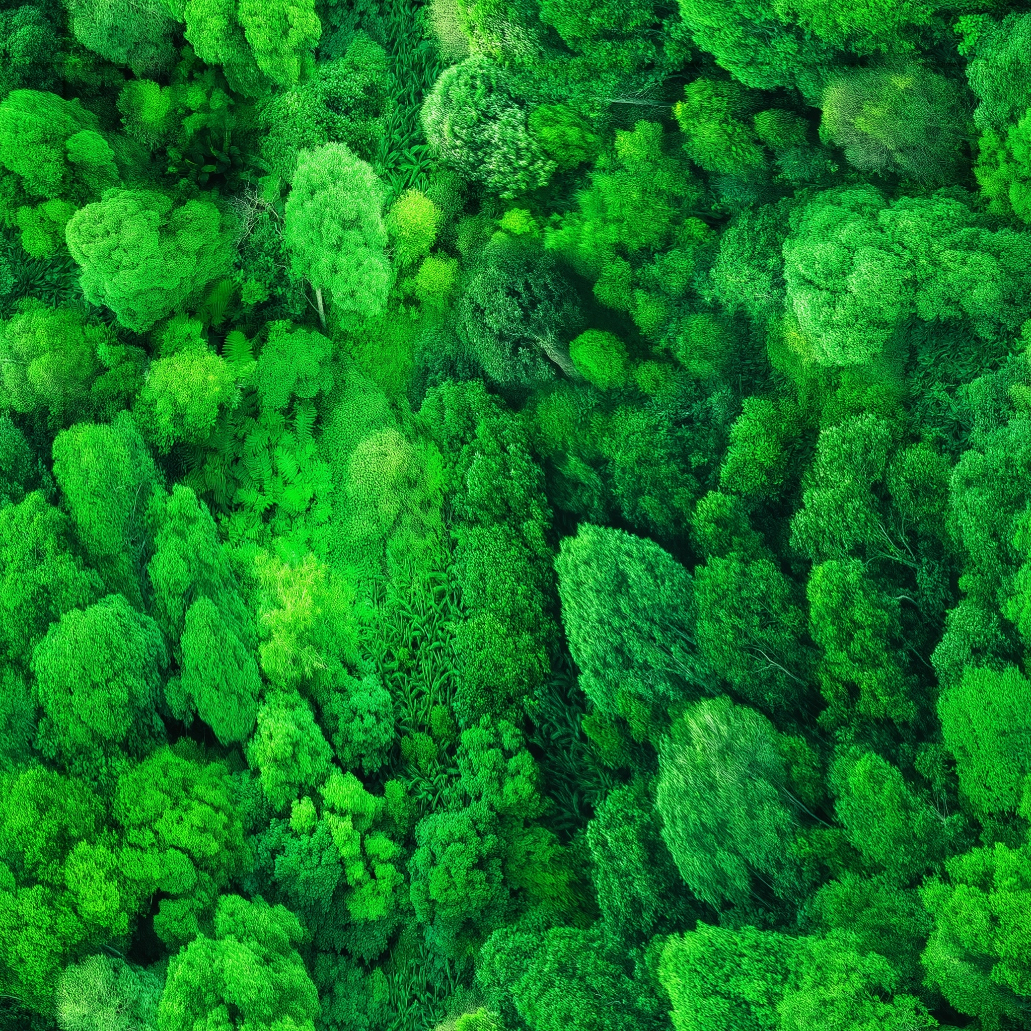 Photorealistic jungle from above, top down, aerial view, diverse lead shapes, rich green hues