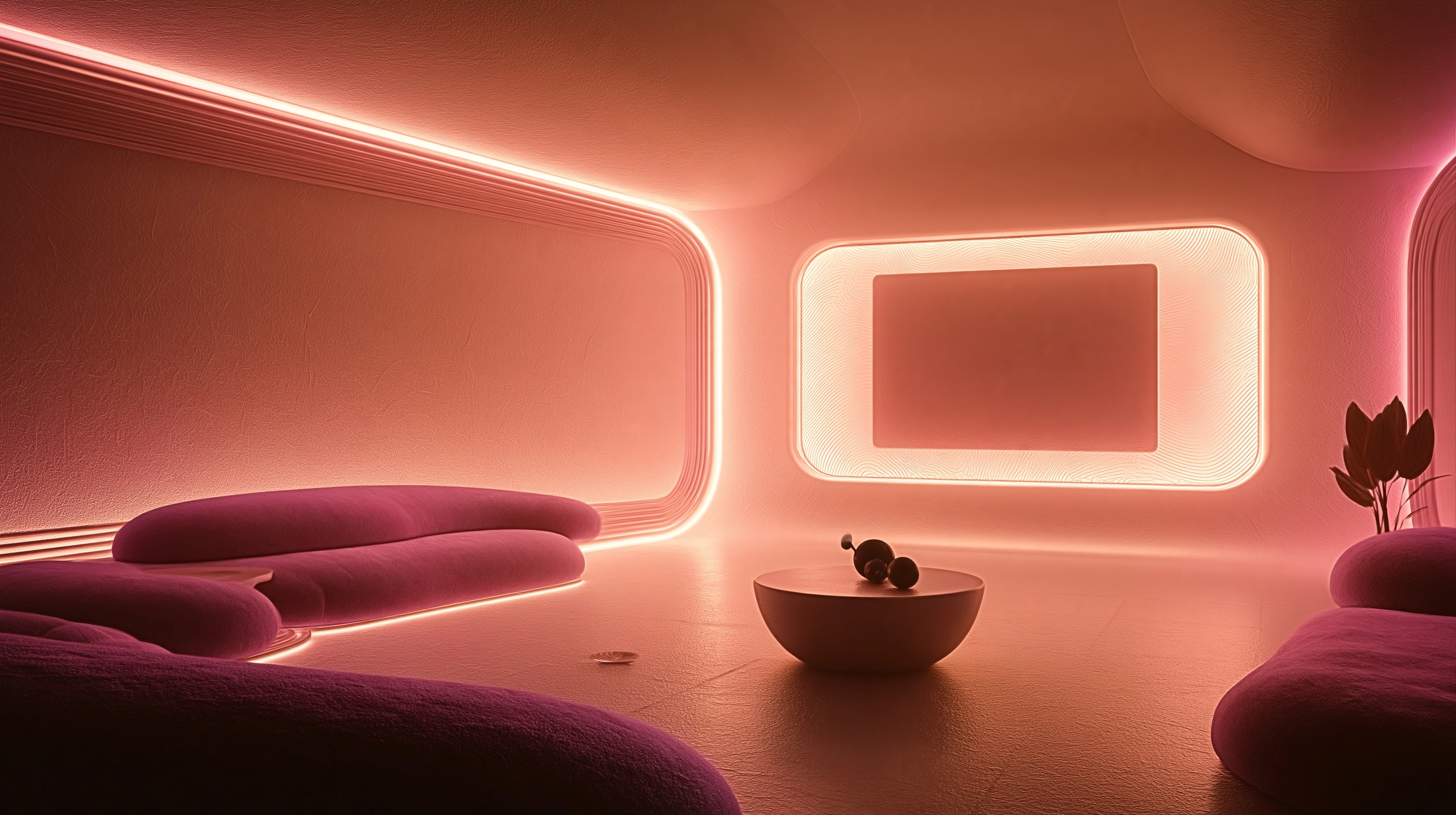 Surreal alien bachelor pad with sleek retro-futuristic styling, warm color palette