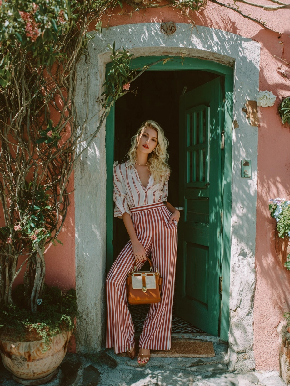 A model wearing striped red and white pants, holding an earthy-colored handbag with gold accents