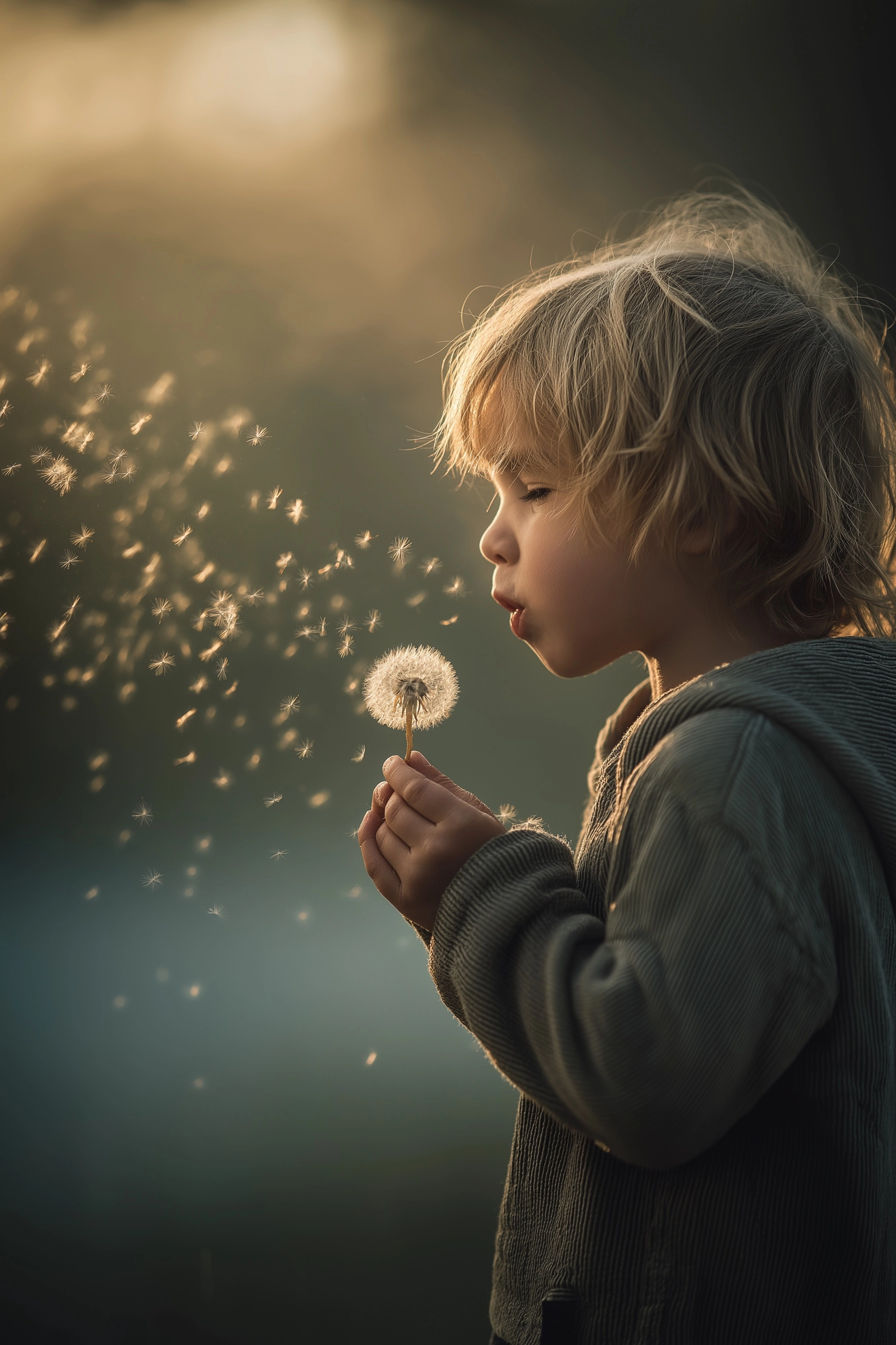 Young child blowing dandelion seeds into the air, soft sunlight, peaceful atmosphere
