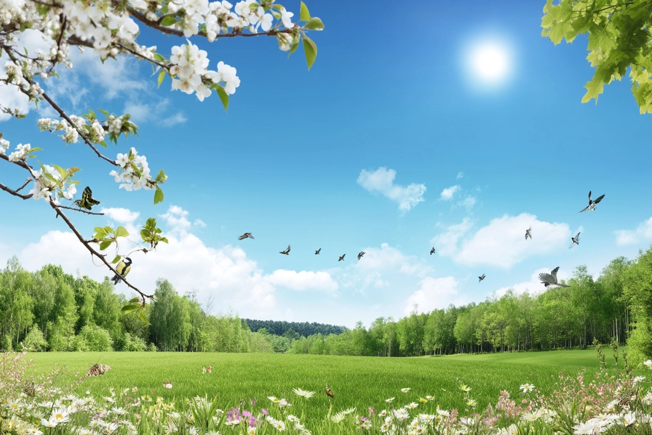 3d backdrop for photo shoot, spring forest with flowers and birds flying in the sky