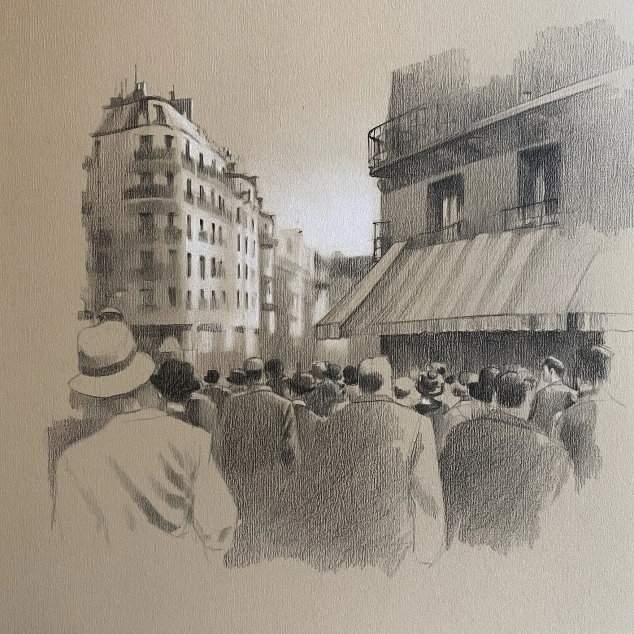 A crowd of une rue de paris commerçante, serene, urban cityscape, 1950s retro, sketch
