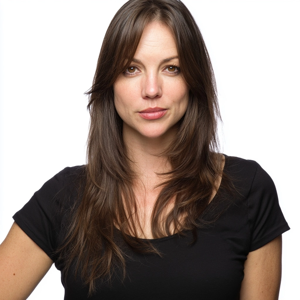 40-year-old woman, wearing a plain black baby tee, front pose, brown eyes, long brown hair