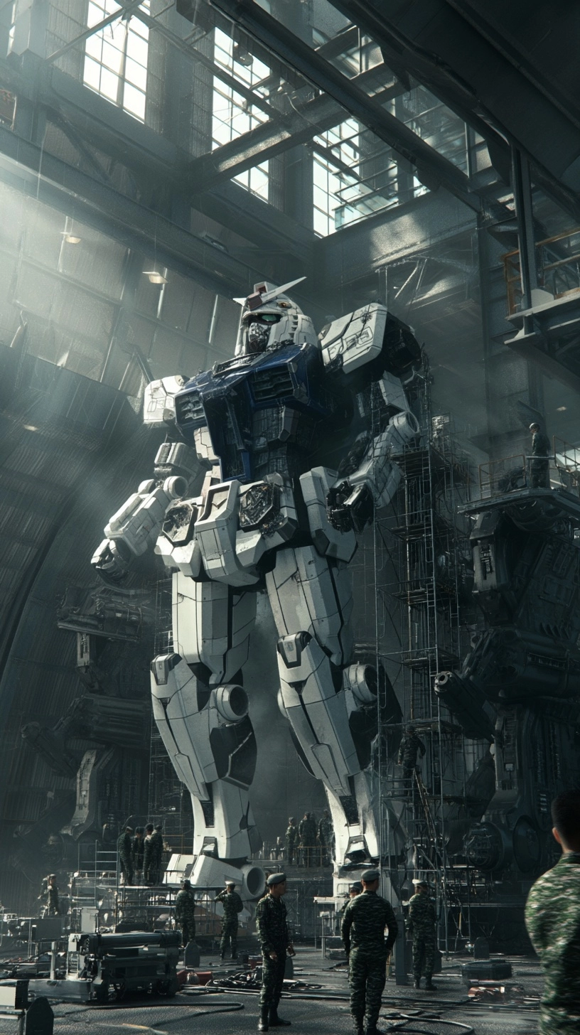 A hyper-realistic scene of Thai soldiers preparing the Gundam v in a military hangar