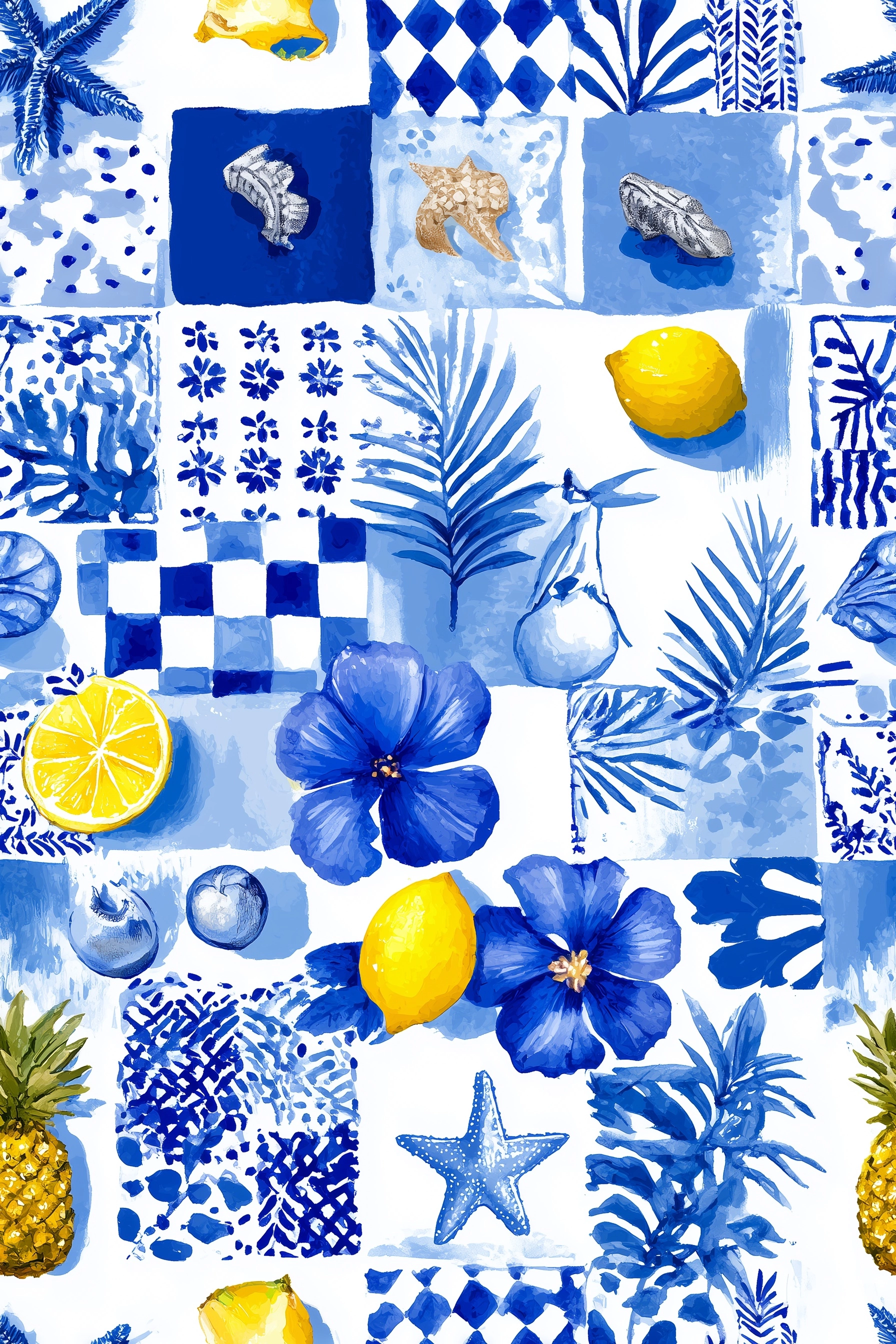 Seamless pattern, hand-painted watercolor style, cobalt blue and white color palette