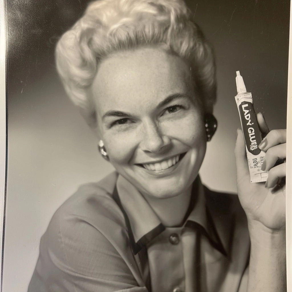 A photo of a 1950s housewife, smiling and holding up a tube of "lady glue"